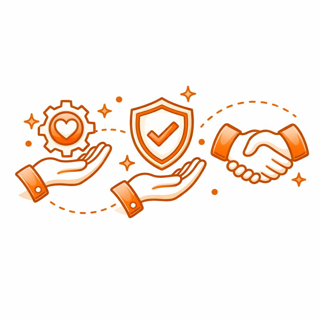 Ilustración en tonos naranjas con dos manos abiertas, una sosteniendo un engranaje con un corazón en el interior y otra con un escudo con una marca de verificación, junto a un apretón de manos.