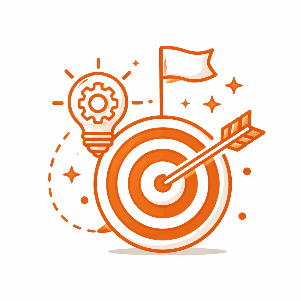 Dibujo en tonos anaranjados de un objetivo con una flecha en el centro, una bandera, una bombilla con engranaje en su interior y estrellas decorativas alrededor, simbolizando metas, ideas y logros.