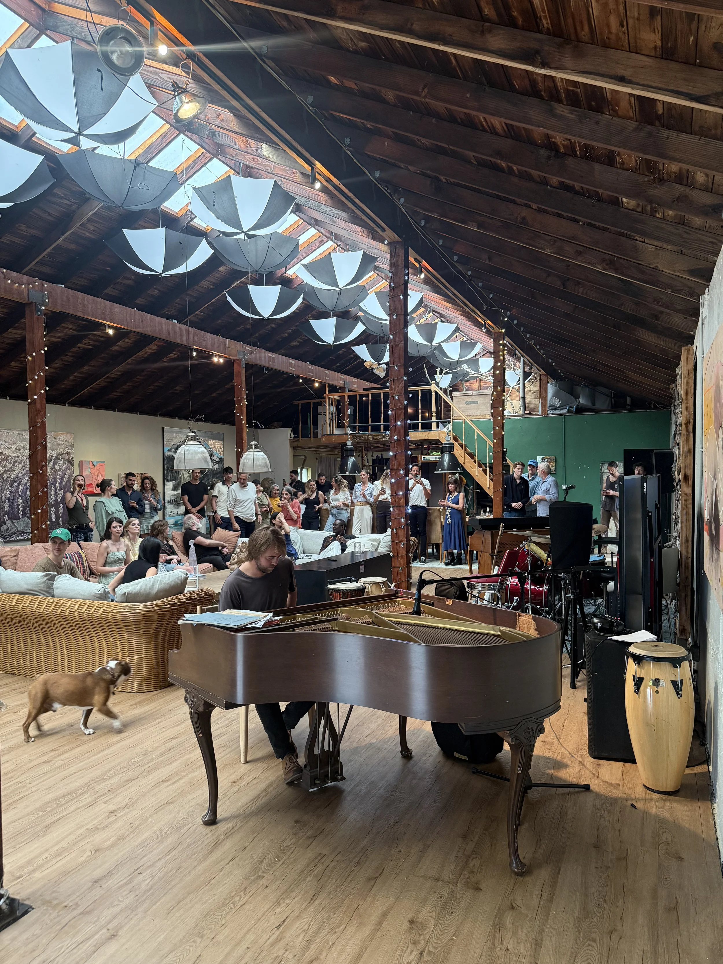 Concierto en interior con un pianista tocando en un piano de cola, público sentado y de pie, decoraciones como paraguas en el techo, y un perro pequeño caminando en el suelo de madera.