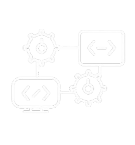 Illustration of gears interconnected with computers and coding symbols, representing software development or programming.