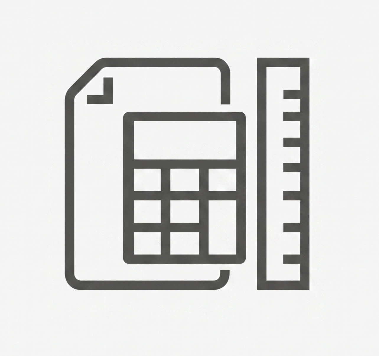 Icon of a calculator, a ruler, and a sheet of paper, all in black outline on a white background.