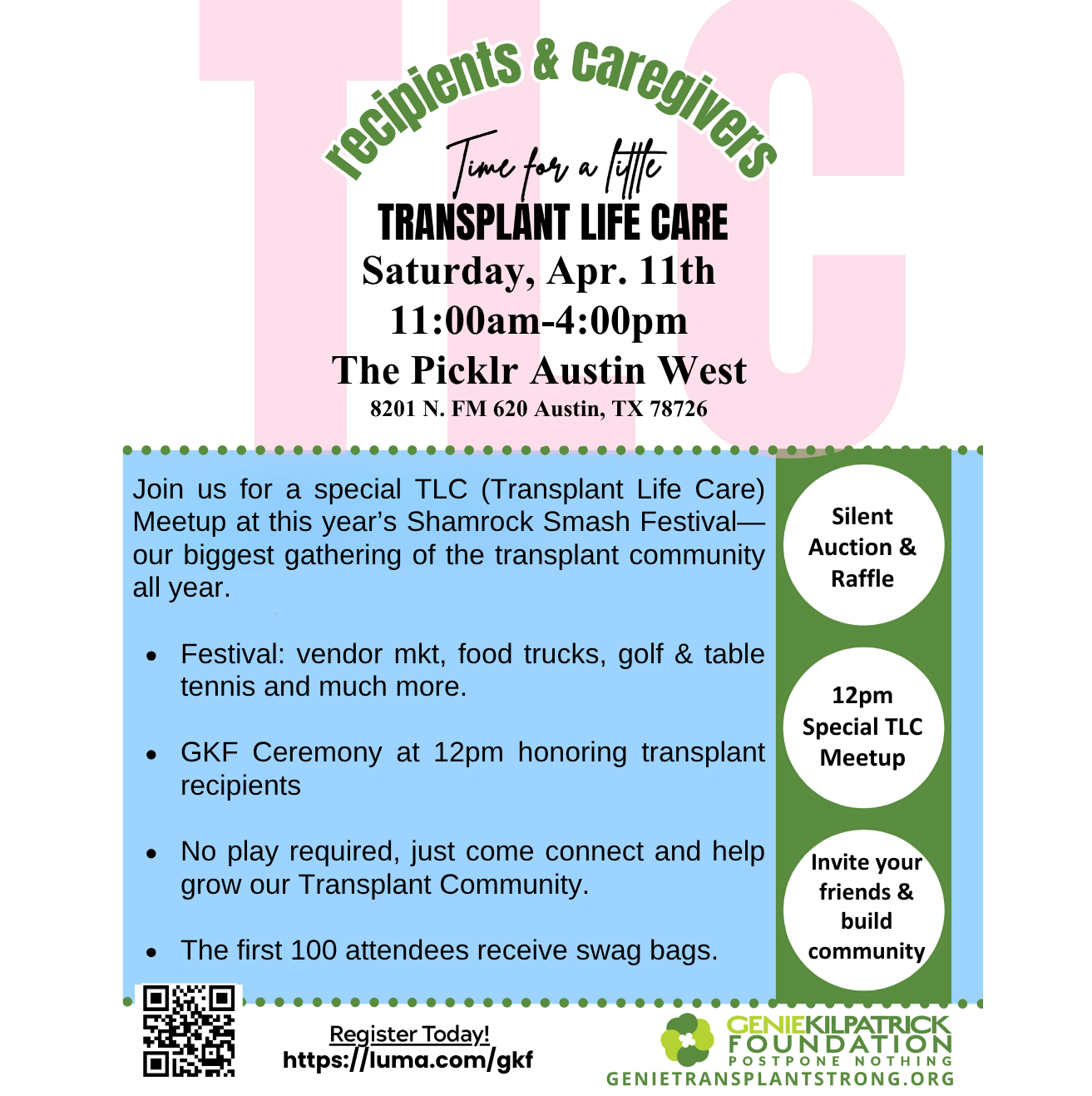 Flyer for a transplant life care event hosted by United Tissue Resources on February 8th in Austin, Texas, with guest speakers and a schedule including meet and greet, session, and social time.