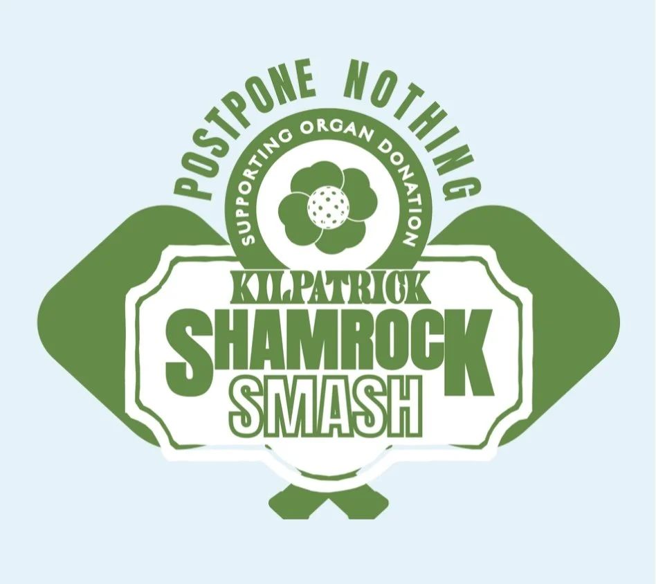 Logo for the Kilpatrick Shamrock Smash Tournament & Festival, supporting organ donation, with green-themed shamrocks and event details including dates, location, and a slogan about not postponing anything.