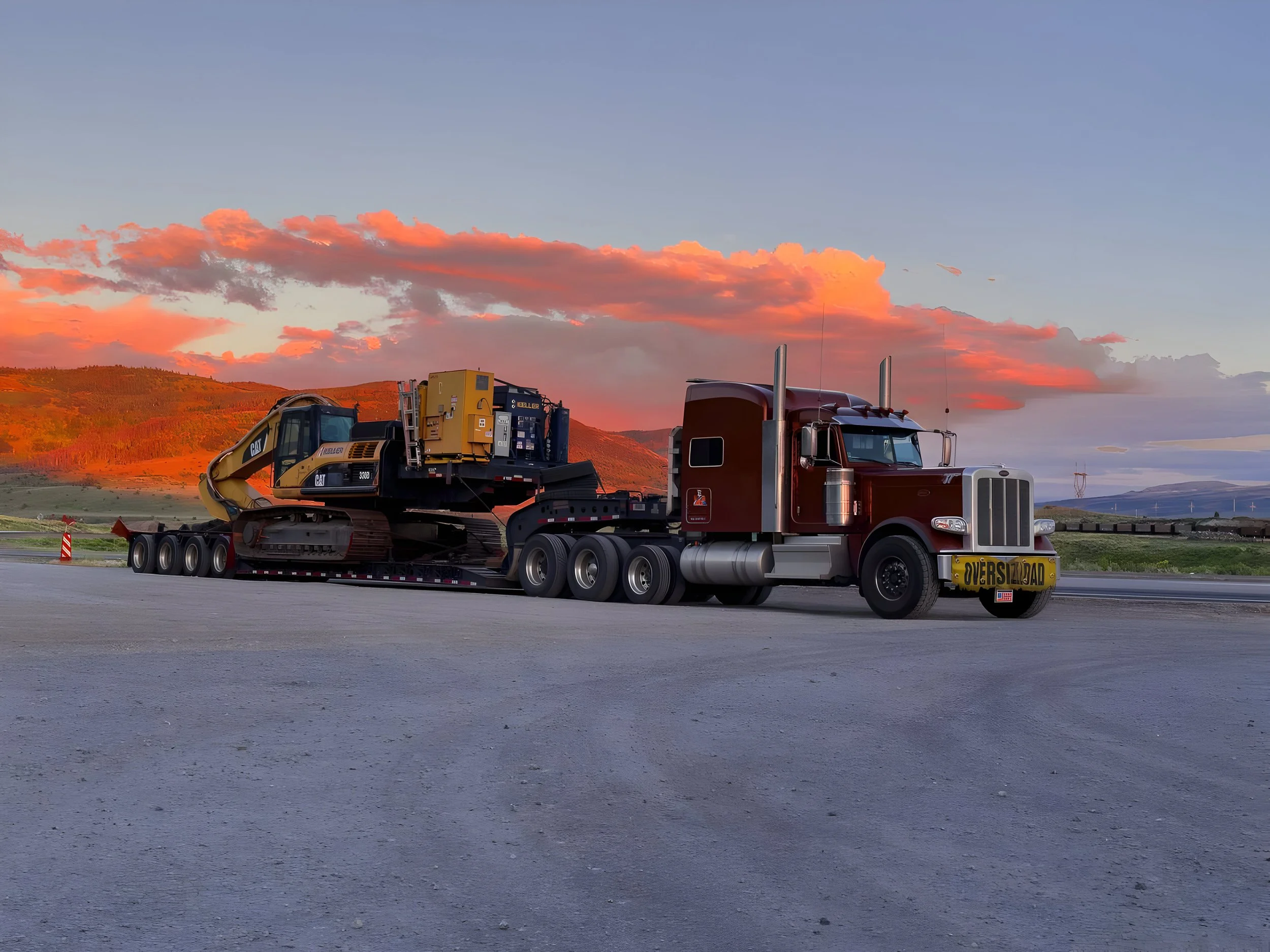 A semi-truck is transporting a large Caterpillar excavator on a flatbed trailer during sunset with orange clouds and distant mountains in the background.