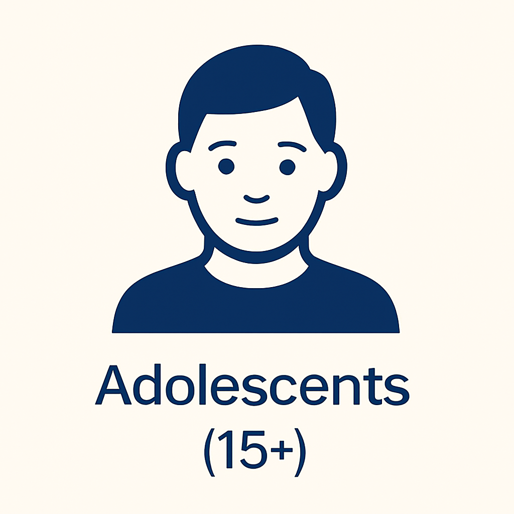 Graphic of a young male with short hair, smiling slightly, with the text "Adolescents (15+)."