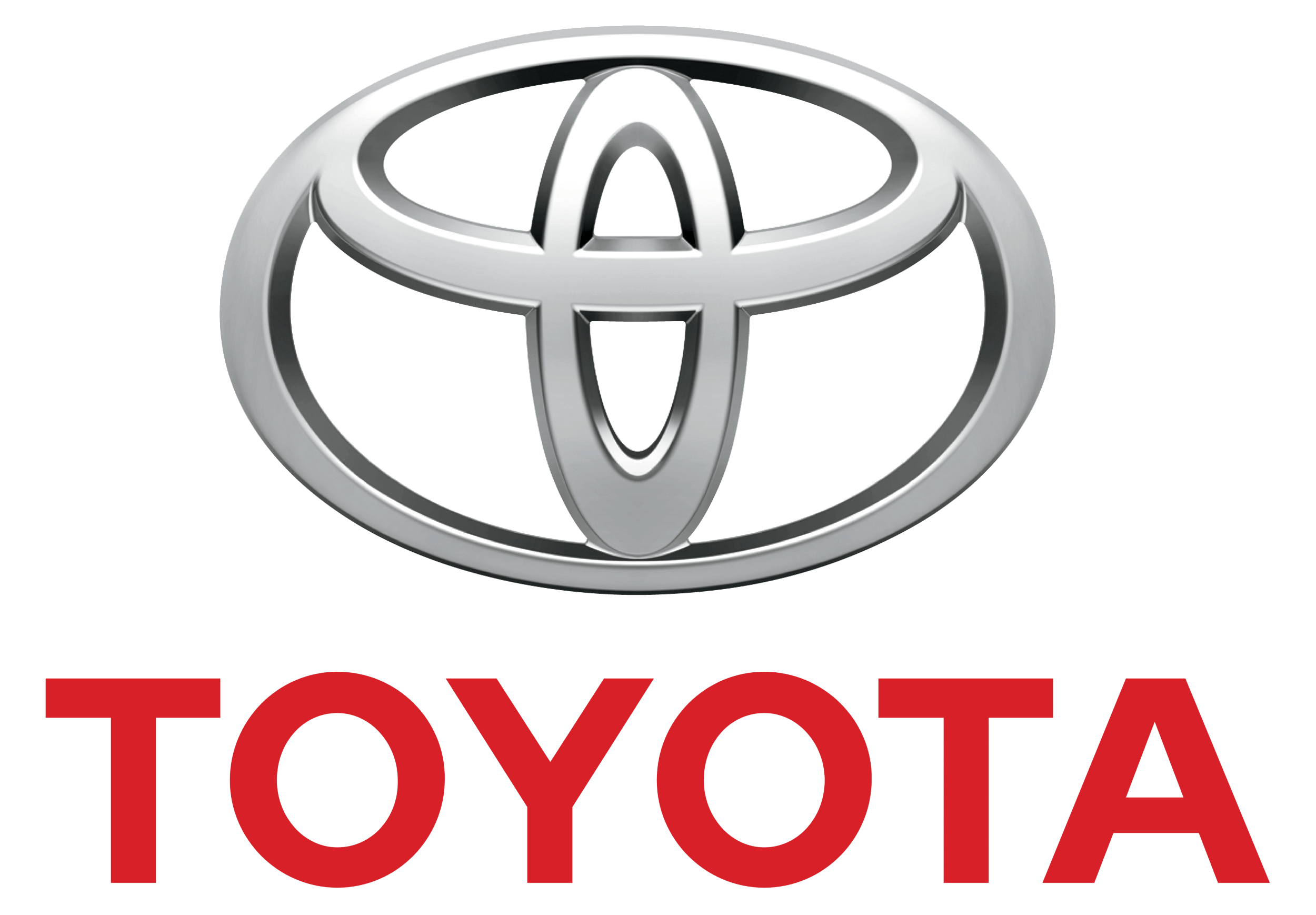 A silver Toyota logo with the word 'Toyota' in red below it.