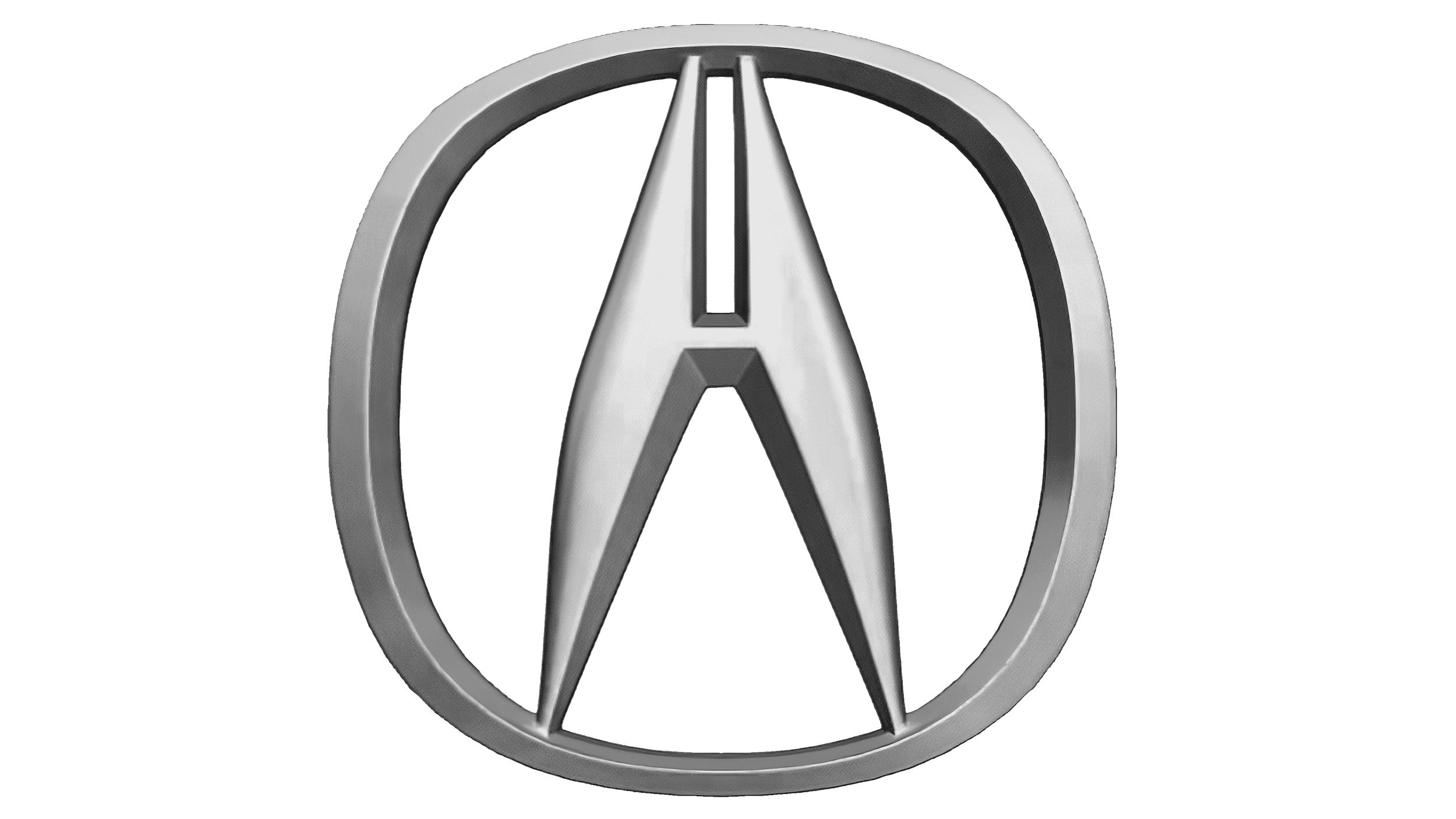 A metallic emblem featuring a stylized letter A enclosed within an oval ring.