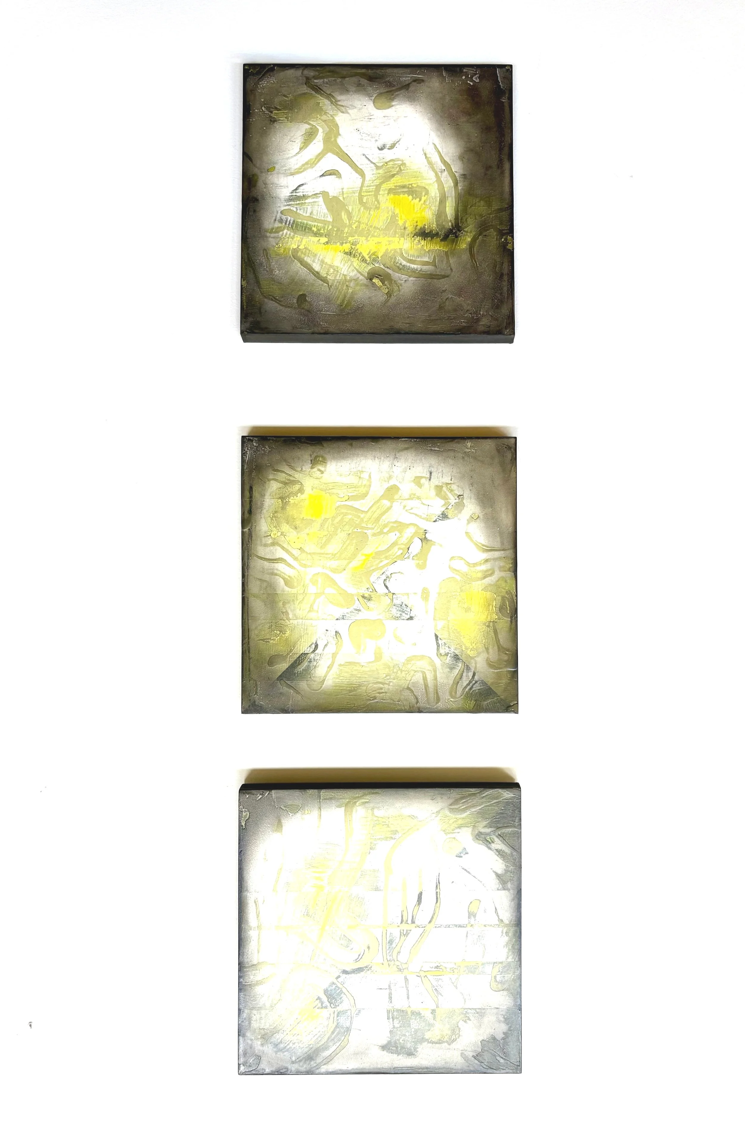 Cataract Triptych, 2025
Acrylic, joint compound, charcoal on wood
8 x 30