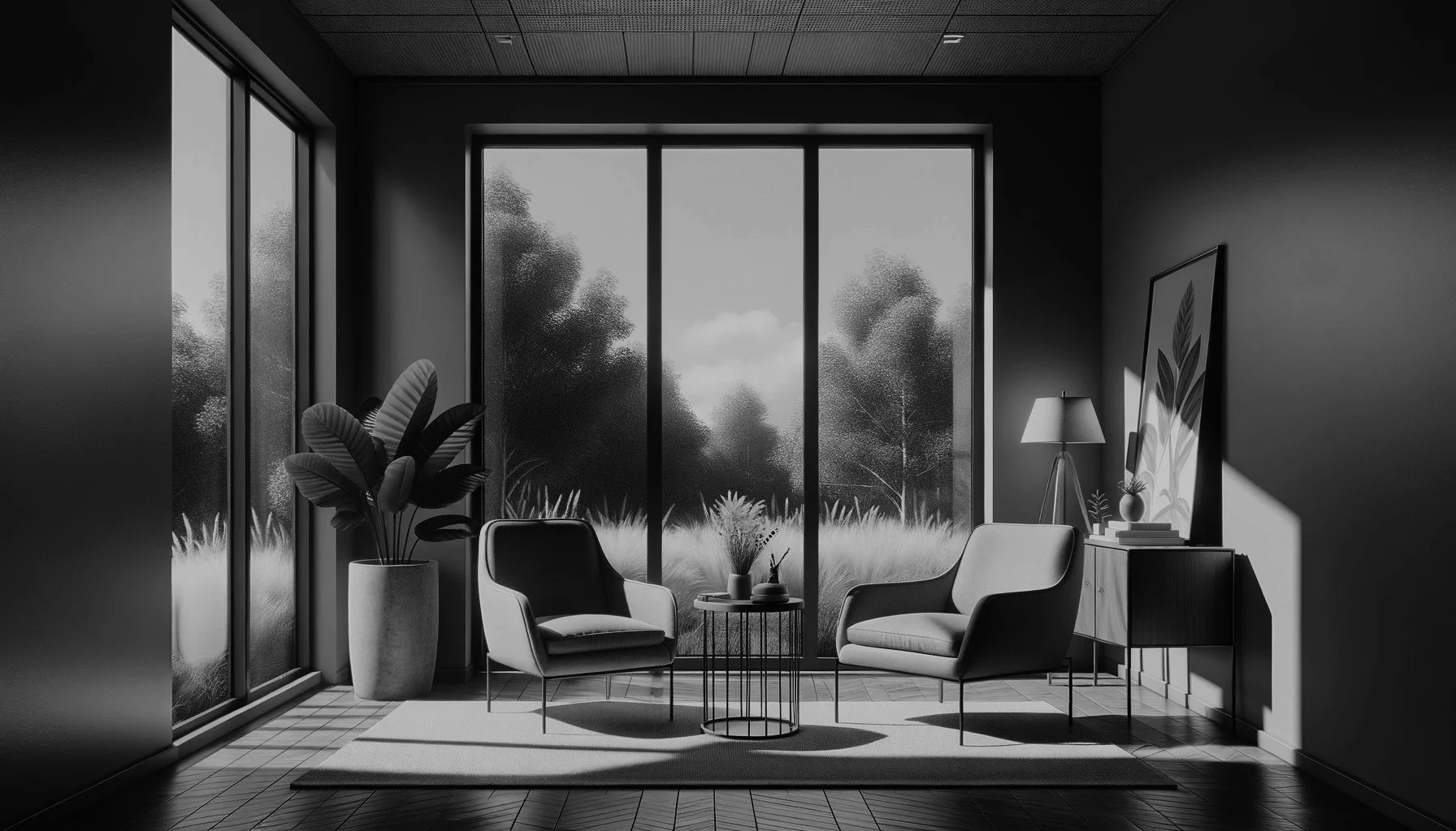Modern black and white living room with two armchairs, a side table, a large potted plant, a cabinet with a lamp, artwork, and a large window overlooking a garden.