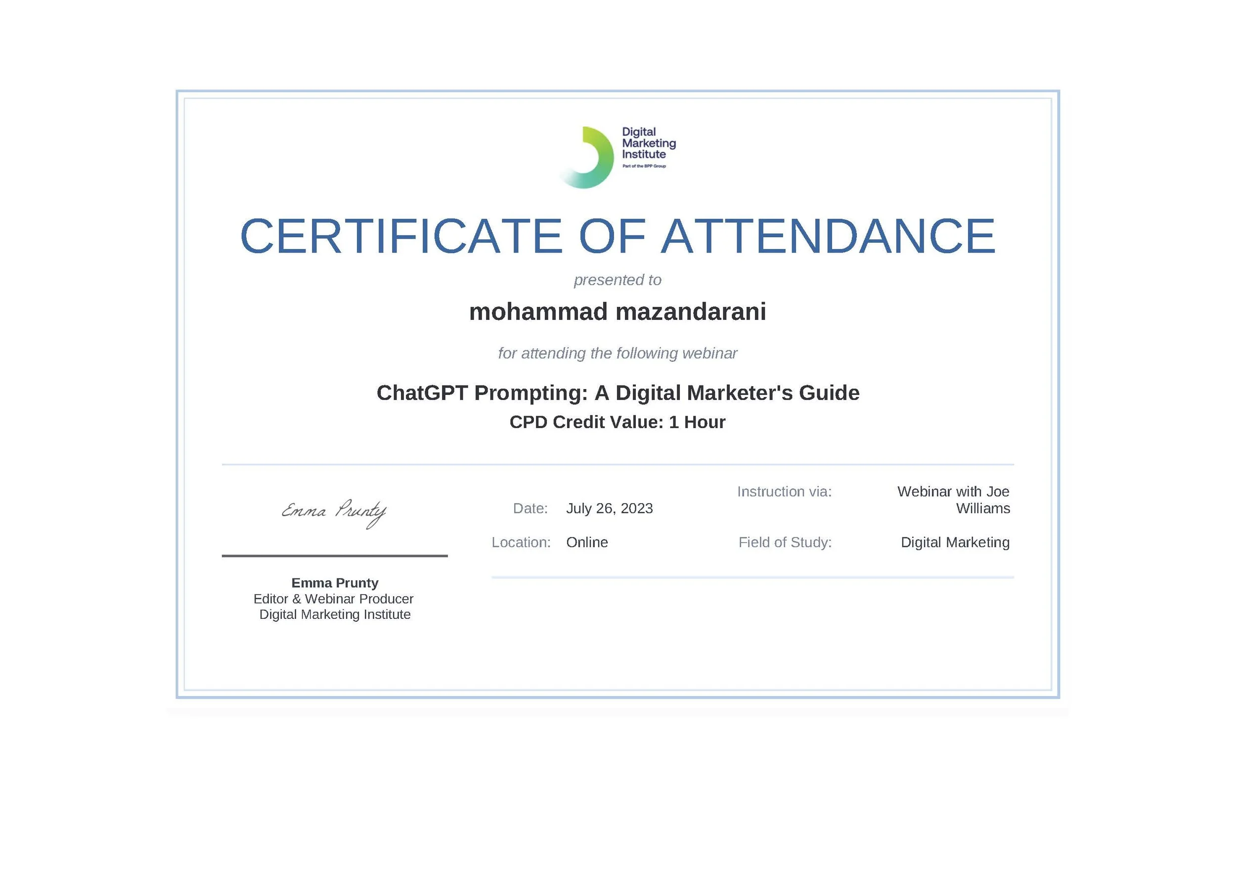 ChatGPT Prompting for Digital Marketing Certificate awarded to Dr. Max (Mohammad Reza Mazandarani) by the Digital Marketing Institute, demonstrating expertise in AI-powered marketing, prompt engineering, and digital content strategy.