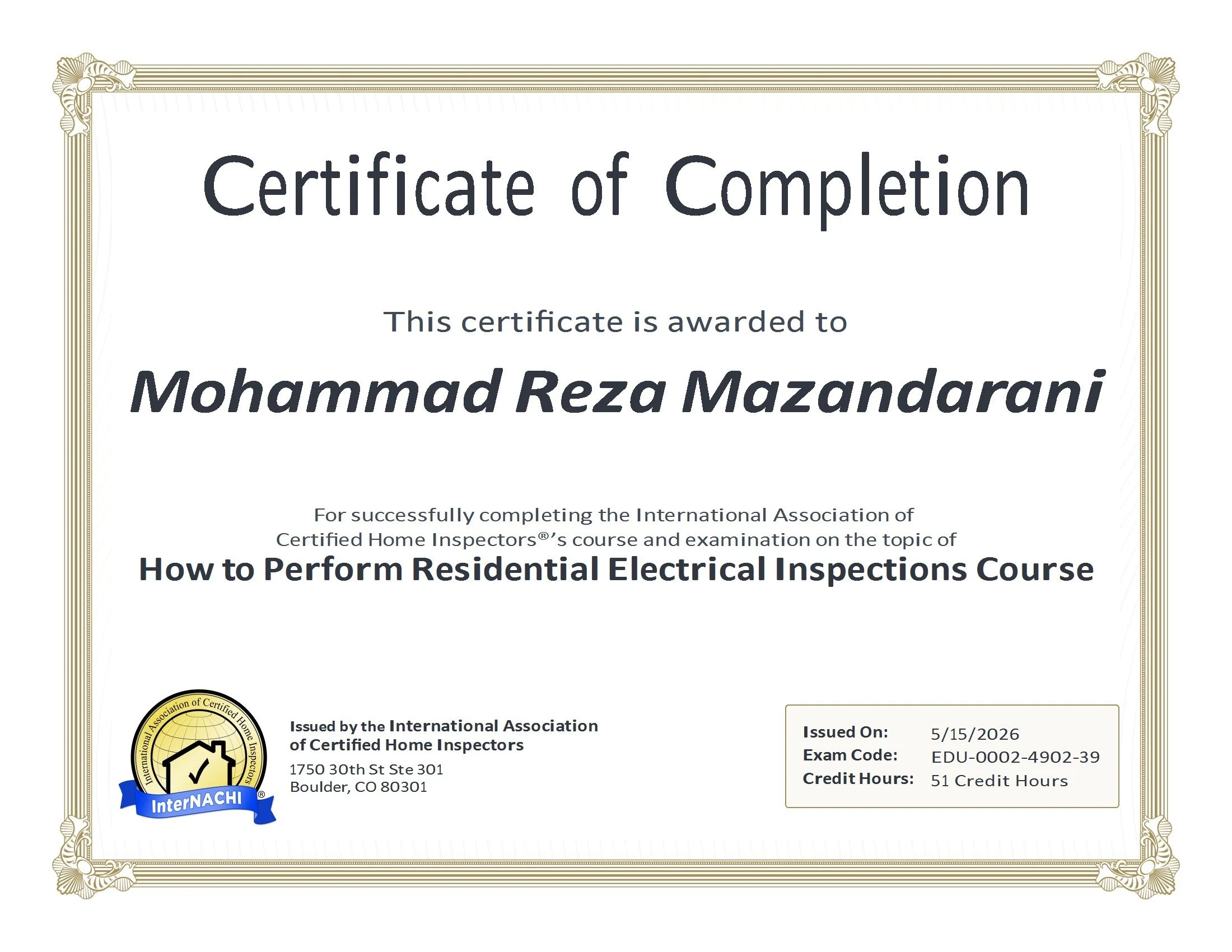 InterNACHI Residential Electrical Inspections Certificate awarded to Dr. Max (Mohammad Reza Mazandarani) for completing professional training in residential electrical inspection, safety standards, and code compliance.