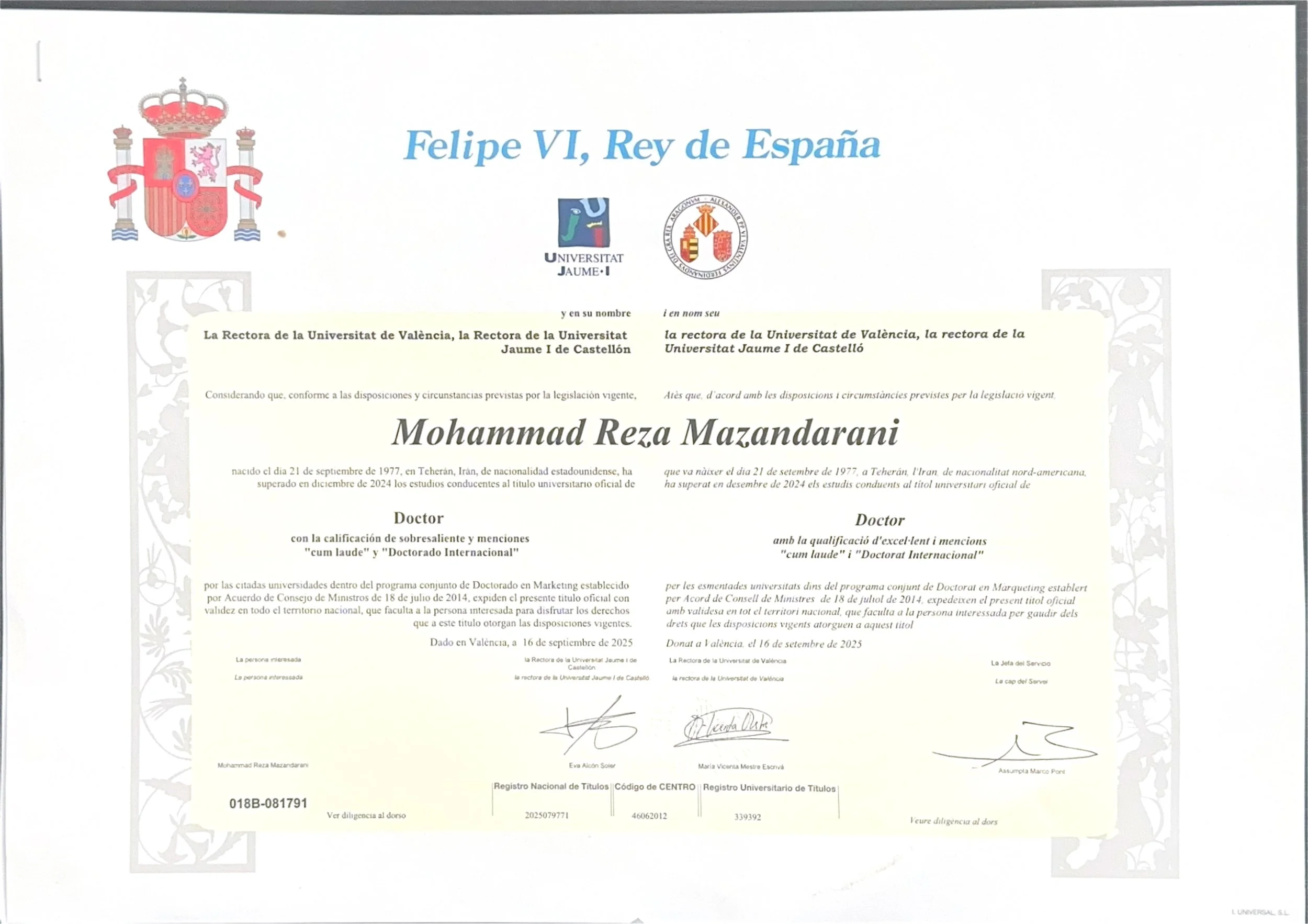PhD in Marketing diploma awarded to Dr. Max (Mohammad Reza Mazandarani) by the University of Valencia and Jaume I University, recognized with Cum Laude honors and International Doctorate distinction.