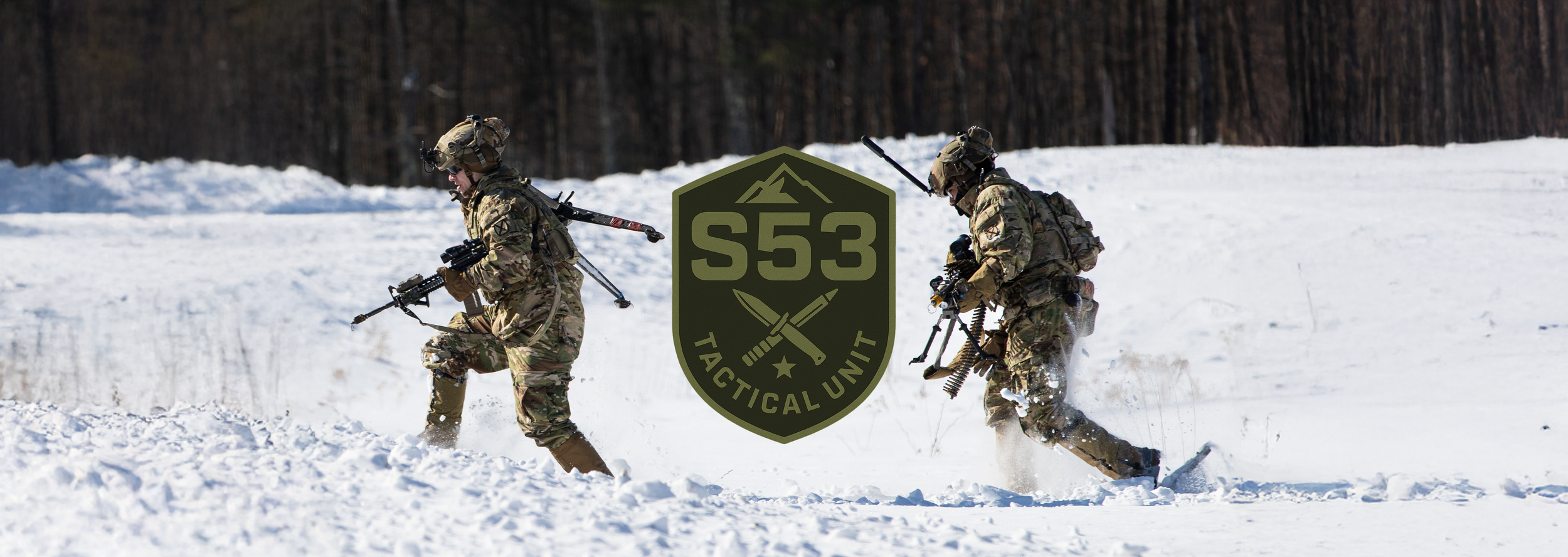Two soldiers in camouflage gear running through snow with a forest in the background, overlaid with a tactical unit emblem that reads 'S53 Tactical Unit' with crossed knives and star.