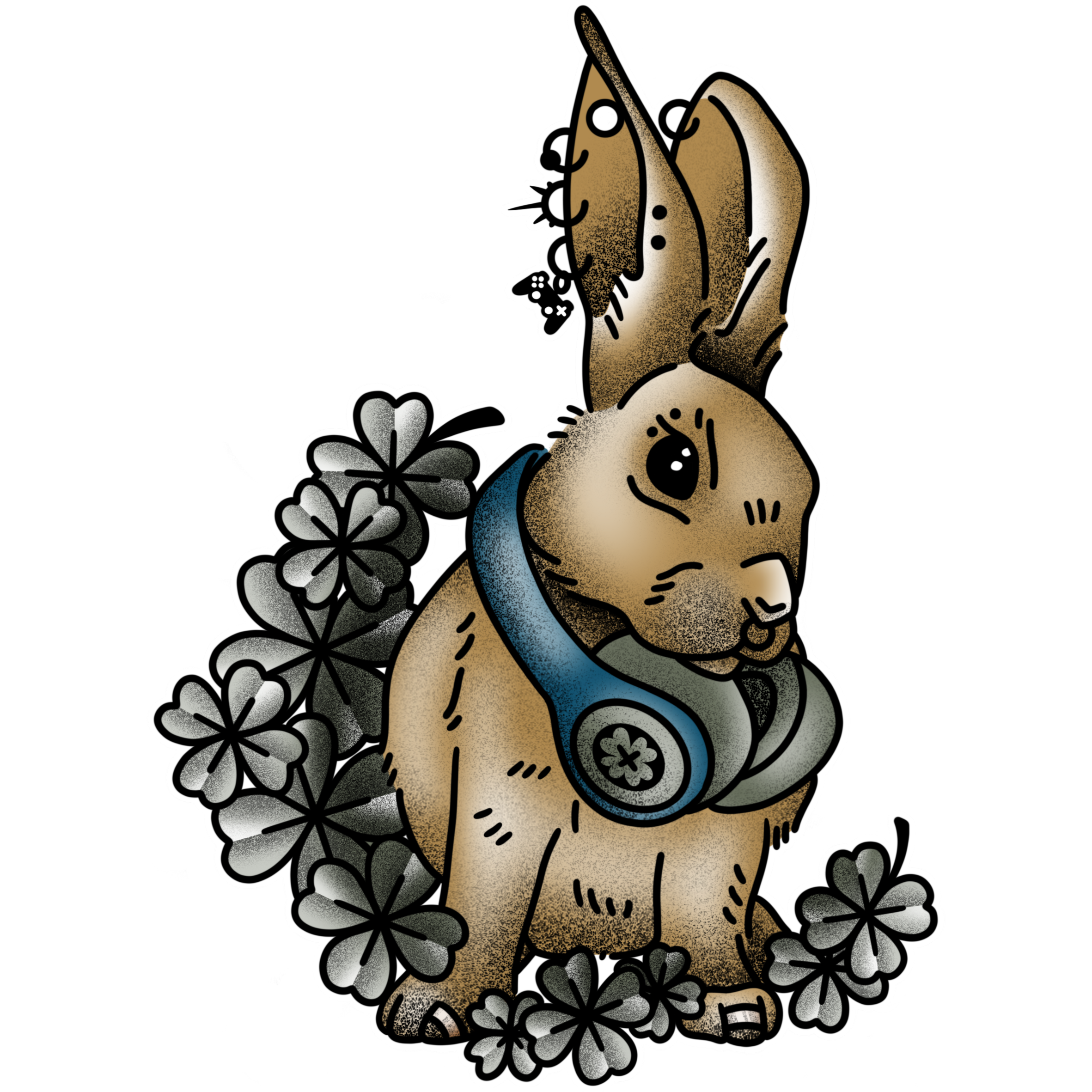 Illustrated bunny sitting on a waning crescent moon made of four leaf clovers. It has headphones over their shoulders, rings on its toes, a pierced septum and ear piercings featuring a game controller charm.