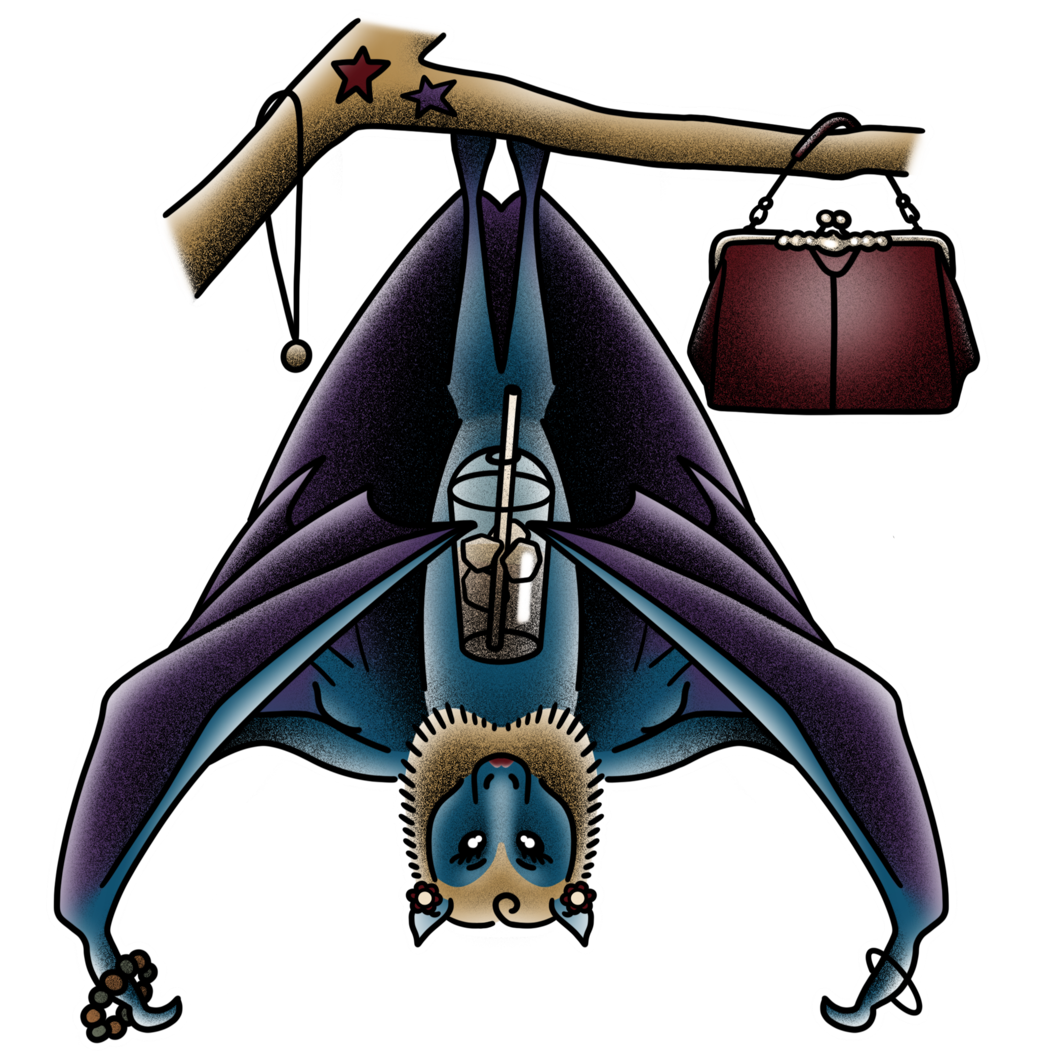Illustrated she-bat hangs upside down with her iced coffee right side up. She wears lipstick, bracelets and floral clips. Draped over the starry branch from where she hangs are a pendant necklace and a red purse.