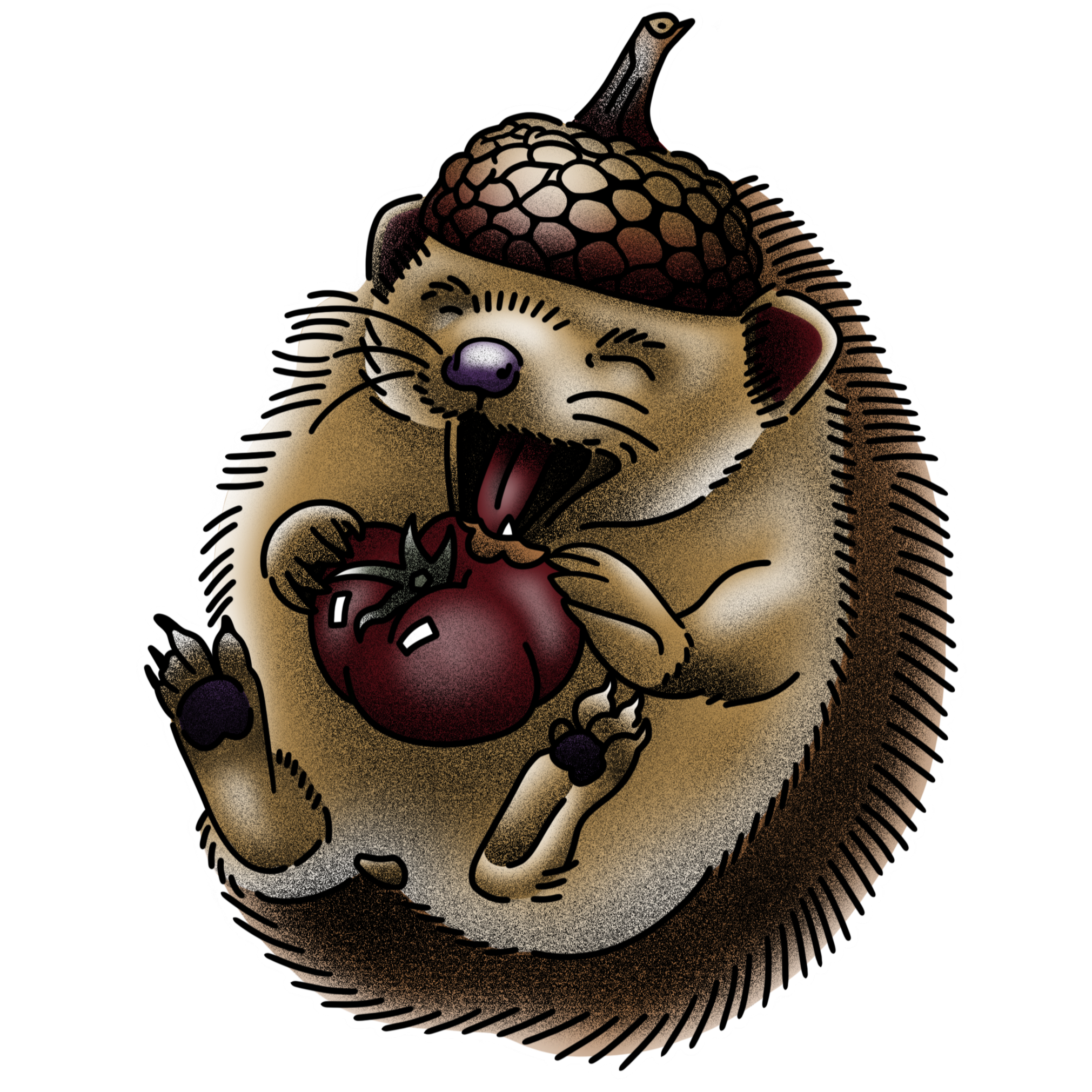 Illustrated hedgehog wearing an acorn hat, lays on its back while gleefully eating a tomato.