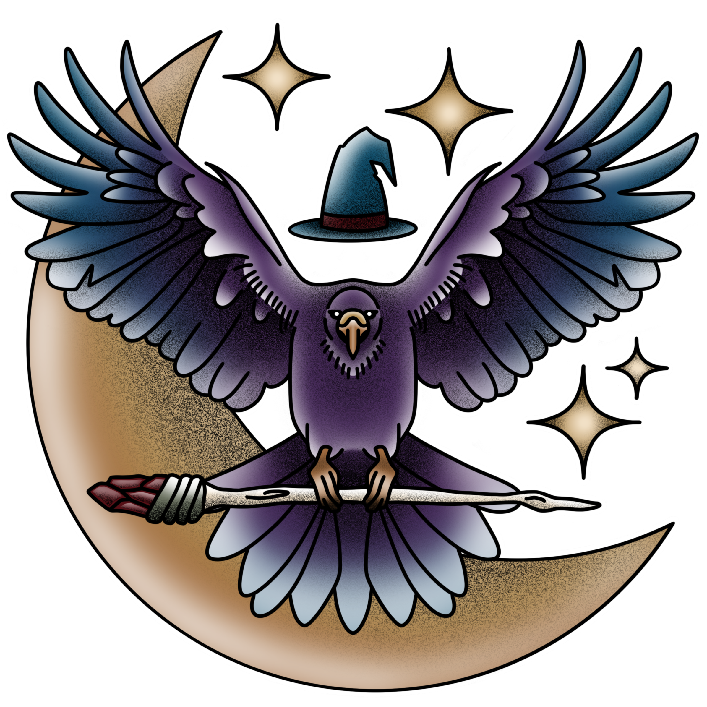 Illustrated crow framed by a waning crescent moon and stars. Above the crow’s head floats a witch's hat and helen in its talons is a wooden wand topped by a garnet crystal stone.