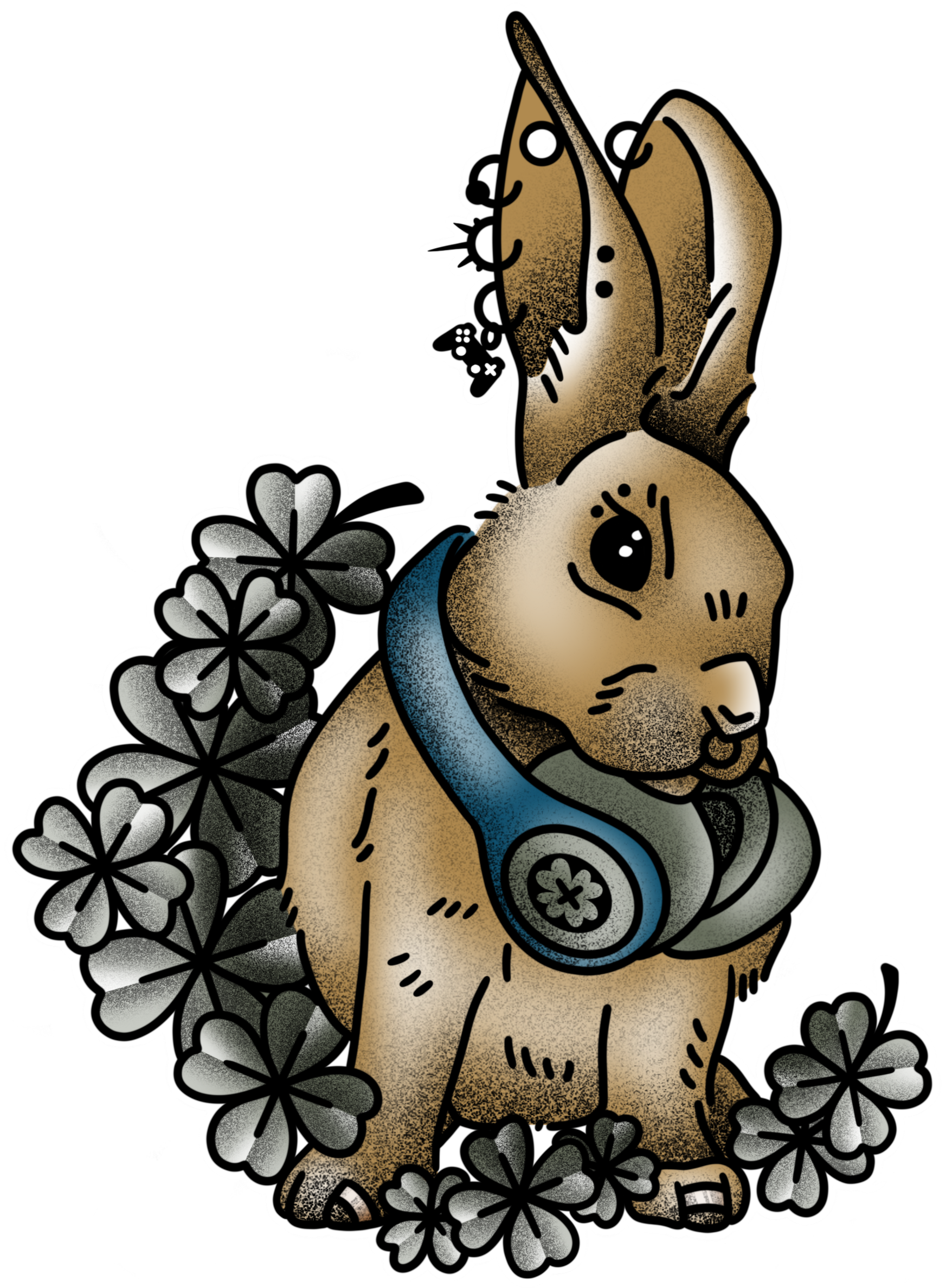 Illustrated rabbit sitting on a waning crescent moon made of four leaf clovers. It has headphones over its shoulders, rings on its toes, a pierced septum and ear piercings featuring a game controller charm.