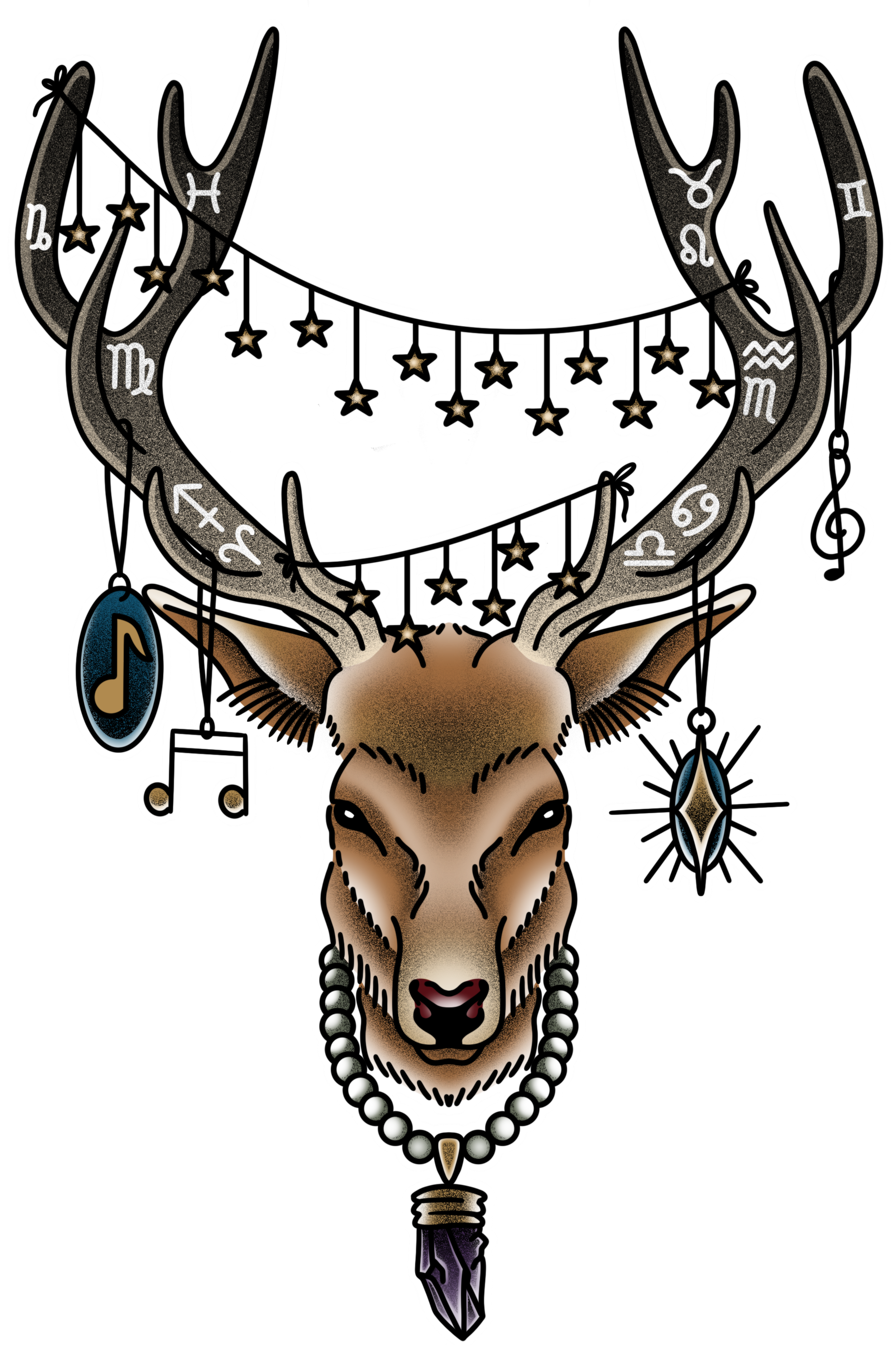 Illustrated deer with antlers adorned in stars and music notes, wearing a pearl necklace with a  pendant made of amethyst crystal and markings of all the astrological signs.