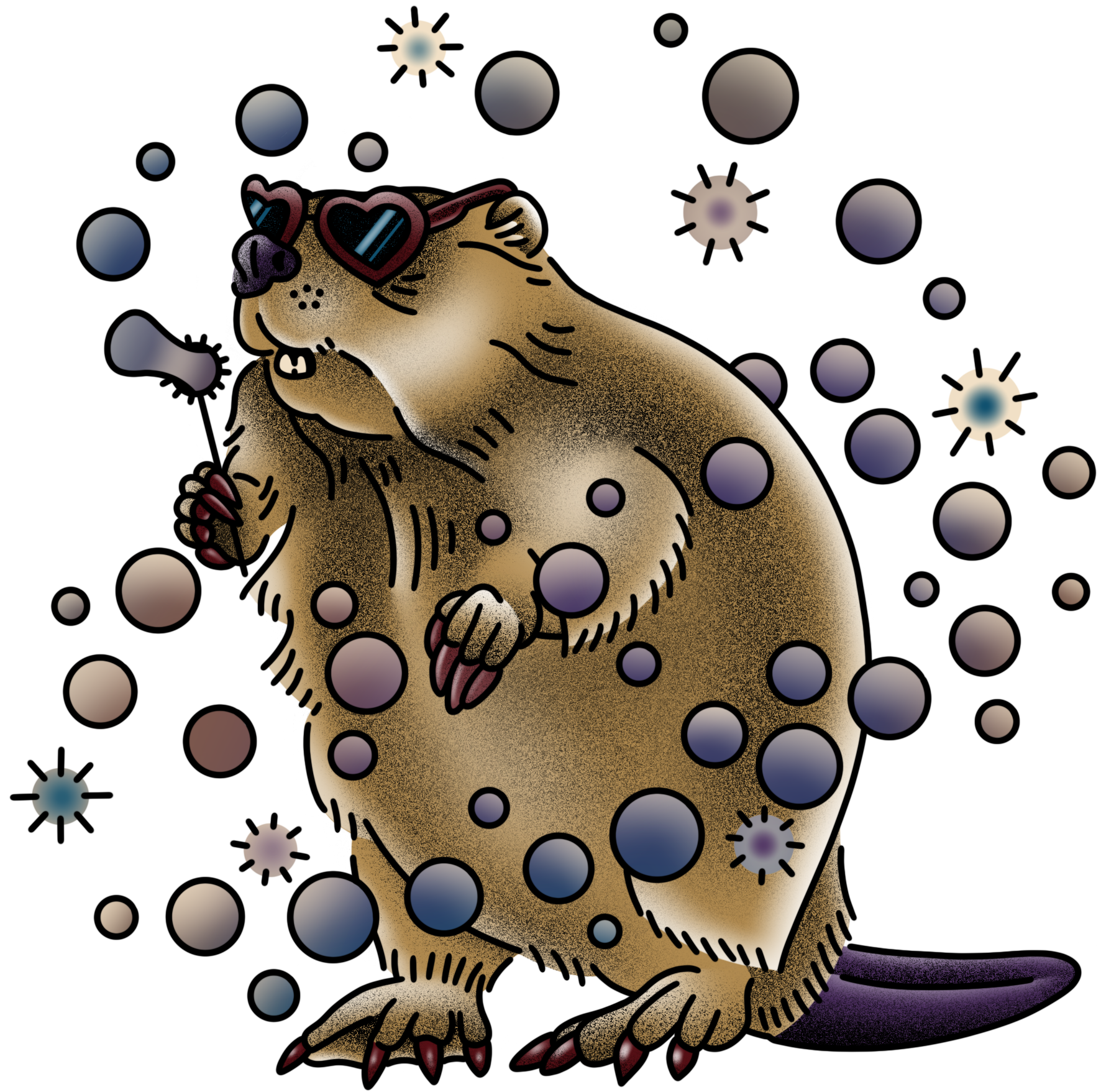 An illustrated sapphic beaver sits, blowing colourful bubbles, and wears heart-shaped sunglasses. She has painted nails, and on one hand, two of her nails are shorter than the others.