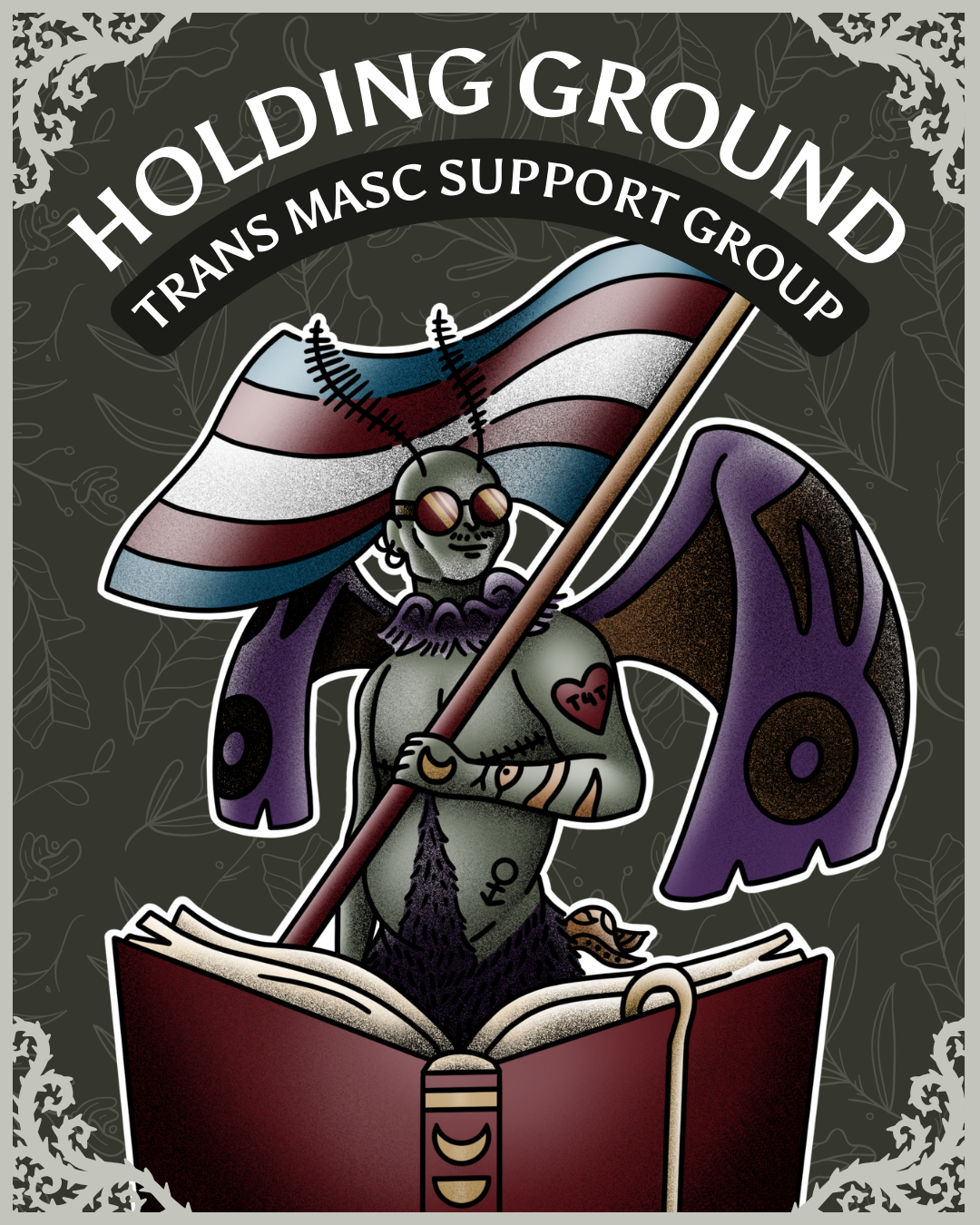 Illustrated buff tattooed trans masc moth-them with top surgery scars stands proudly above a book while they hold a large trans flag over their shoulder.