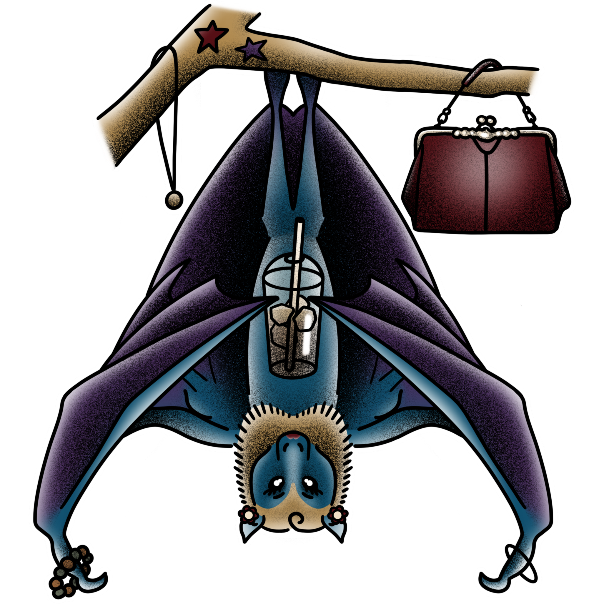 Illustrated femme bat hangs upside down with its iced coffee right side up. It has lipstick on, bracelets, floral clips and hanging from the starry branch is a necklace and red purse.