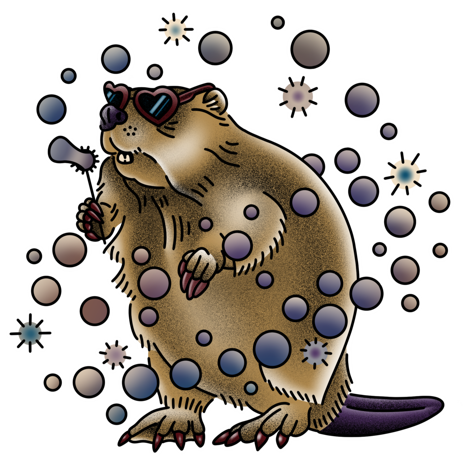 An illustrated sapphic beaver sits, blowing colourful bubbles, and wears heart-shaped sunglasses. She has painted nails, and on one hand, two of her nails are shorter than the others.