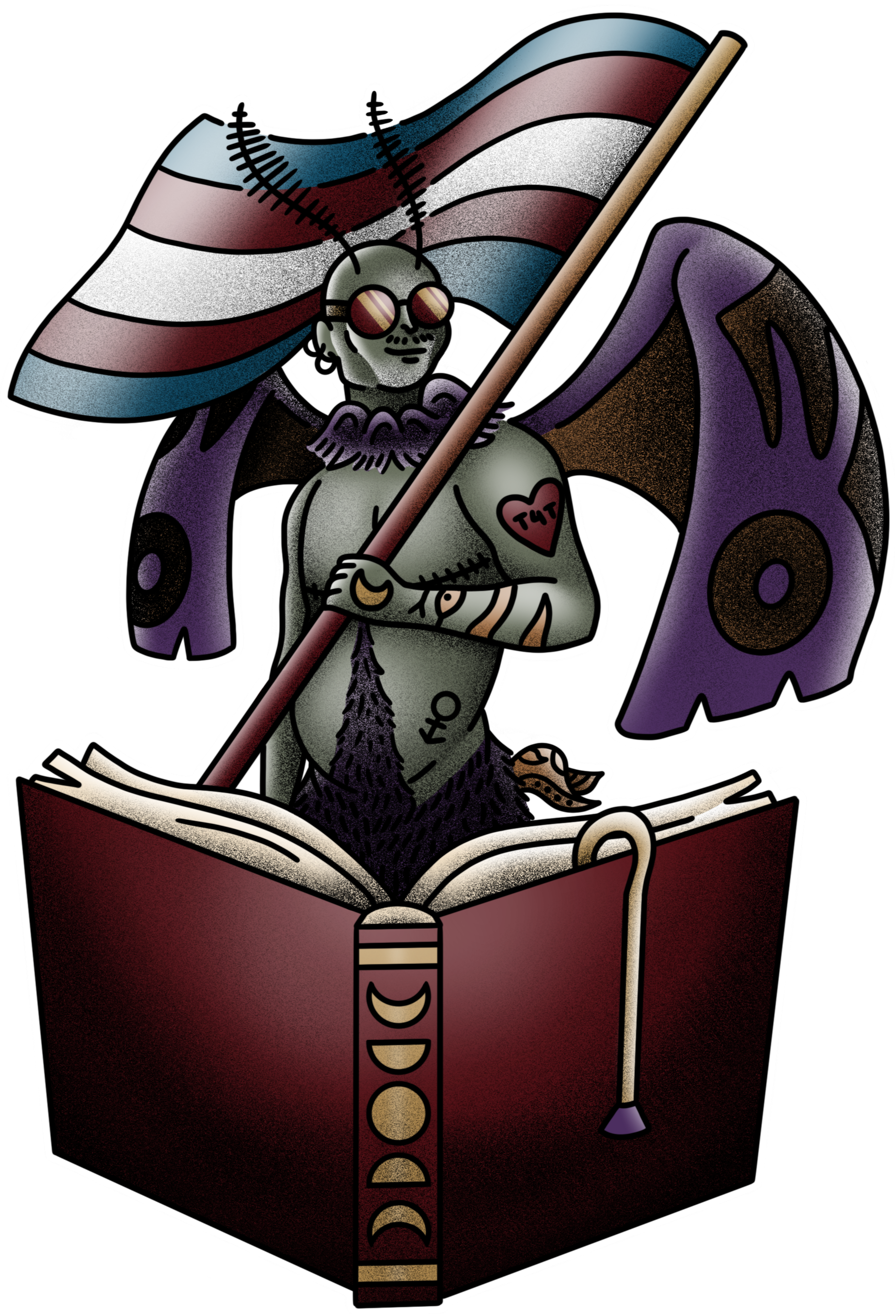 Illustrated buff tattooed trans masc moththem stands proudly above a book while holding a trans flag over their shoulder.