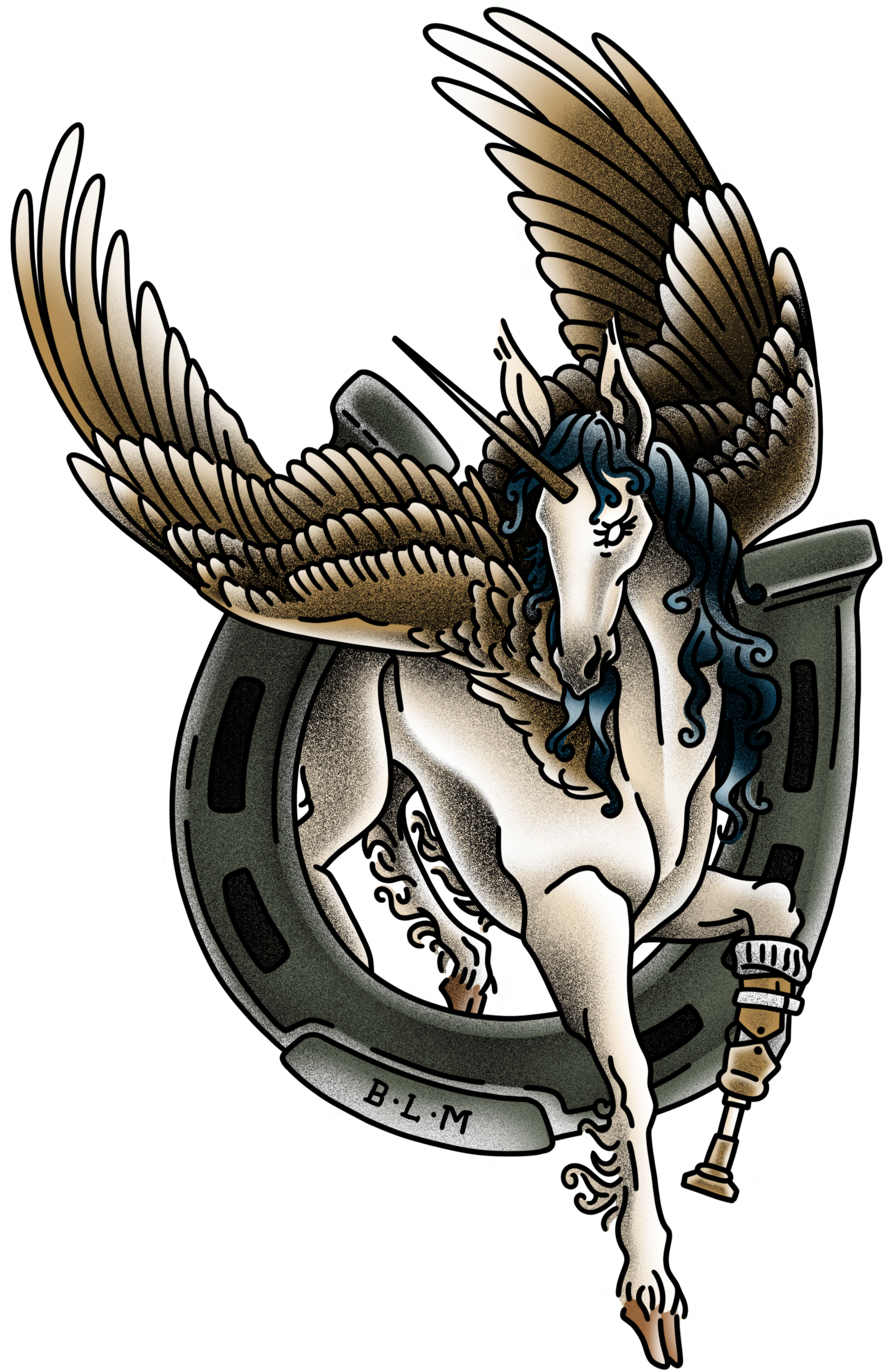 Illustrated fierce alicorn (a winged unicorn), with a prosthetic front leg, she is flying out from behind a horseshoe inscribed with BLM.