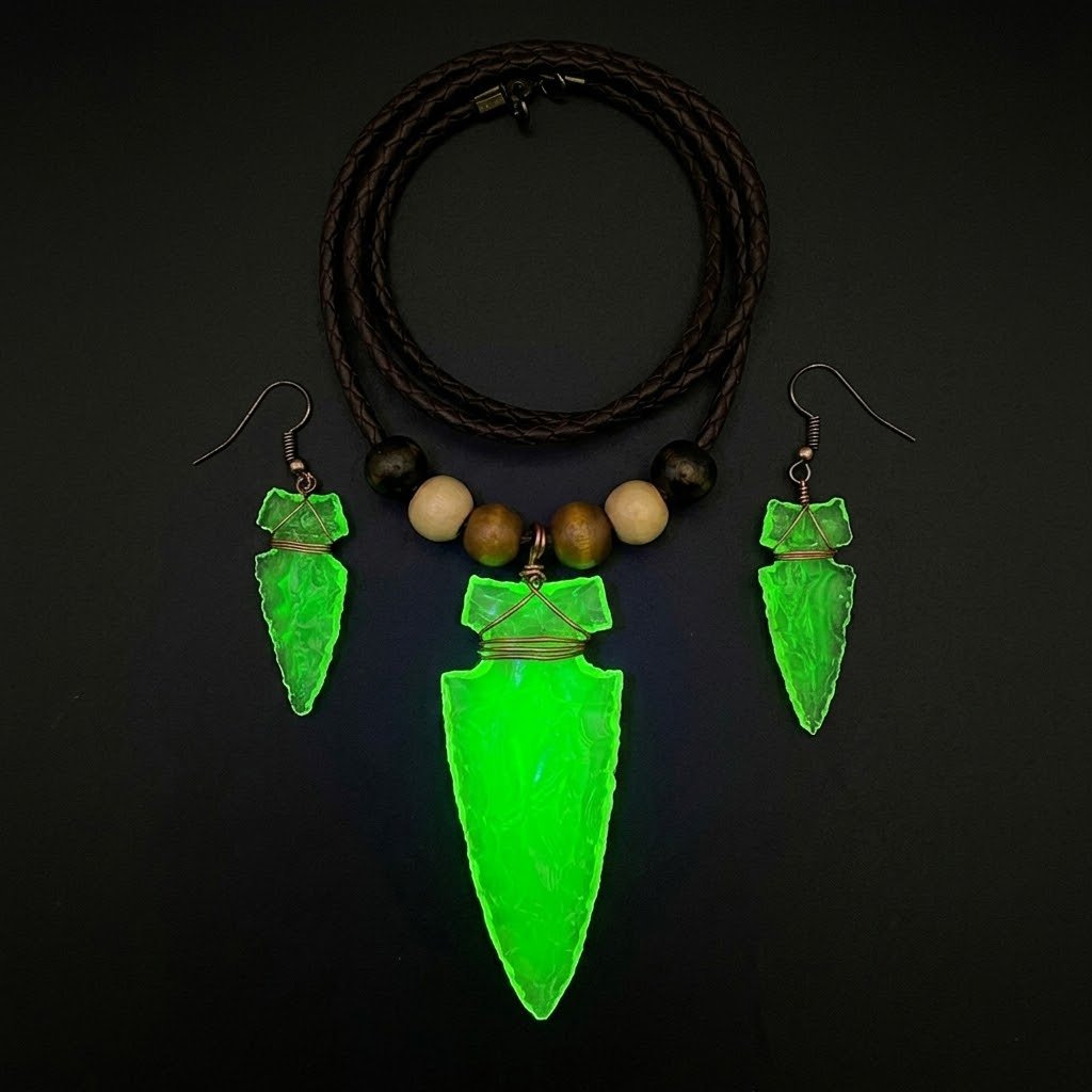 Uranium Glass Arrowhead Necklace & Earrings