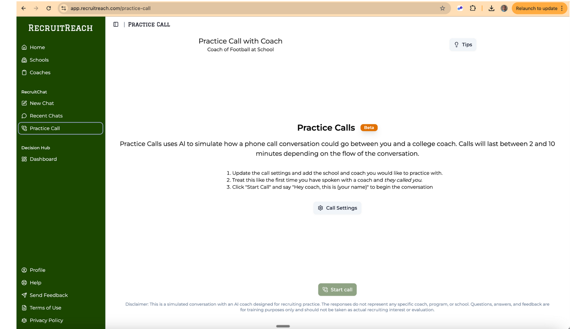 RecruitReach Practice Call Feature