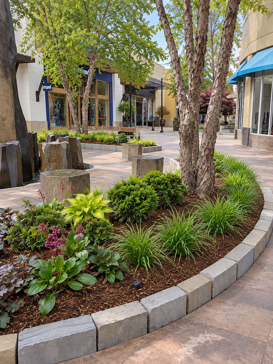 Landscaped pedestrian walkway at Alderwood Mall featuring mature trees, ornamental grasses, shrubs, perennials, and groundcover.