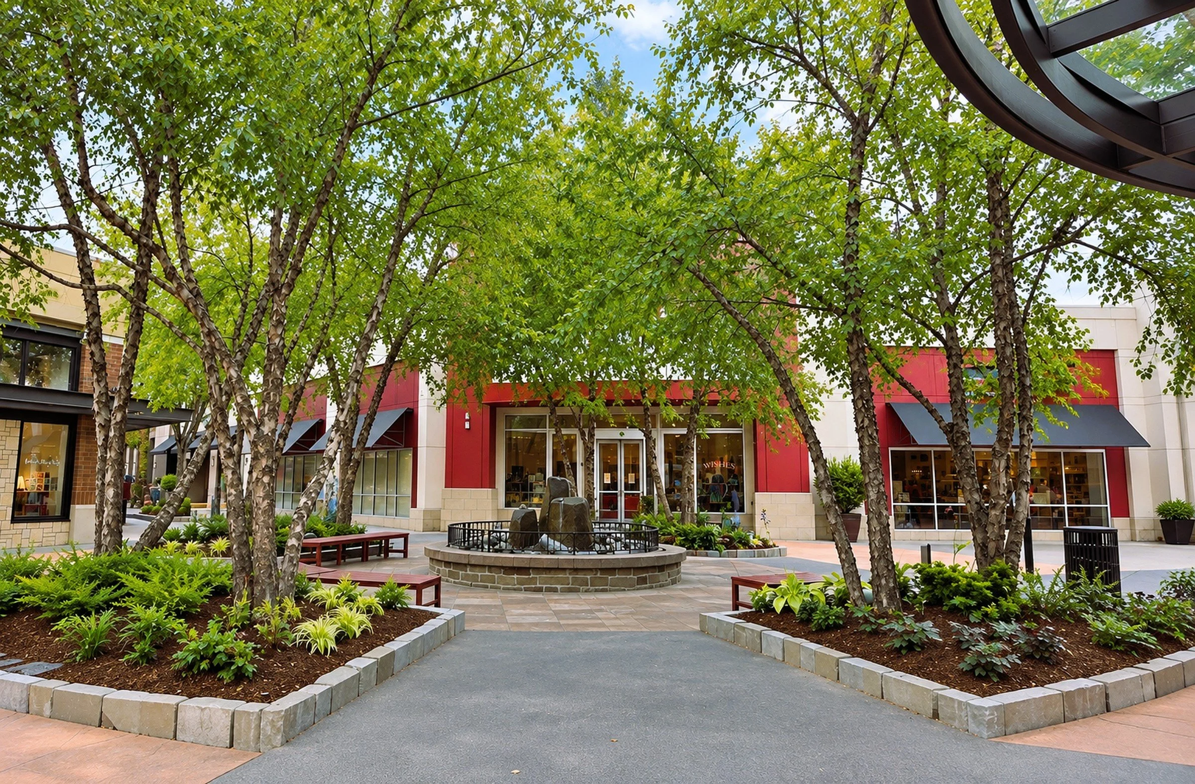 Alderwood Mall outdoor shopping courtyard landscaped with mature trees, lush plantings, seating, and a central fountain.