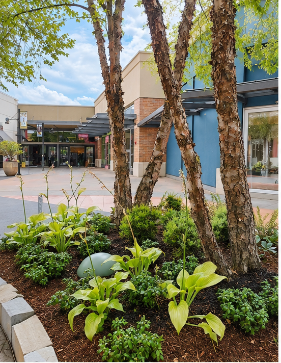 Alderwood Mall shopping courtyard landscaped with mature trees, hostas, shrubs, perennials, and groundcover.