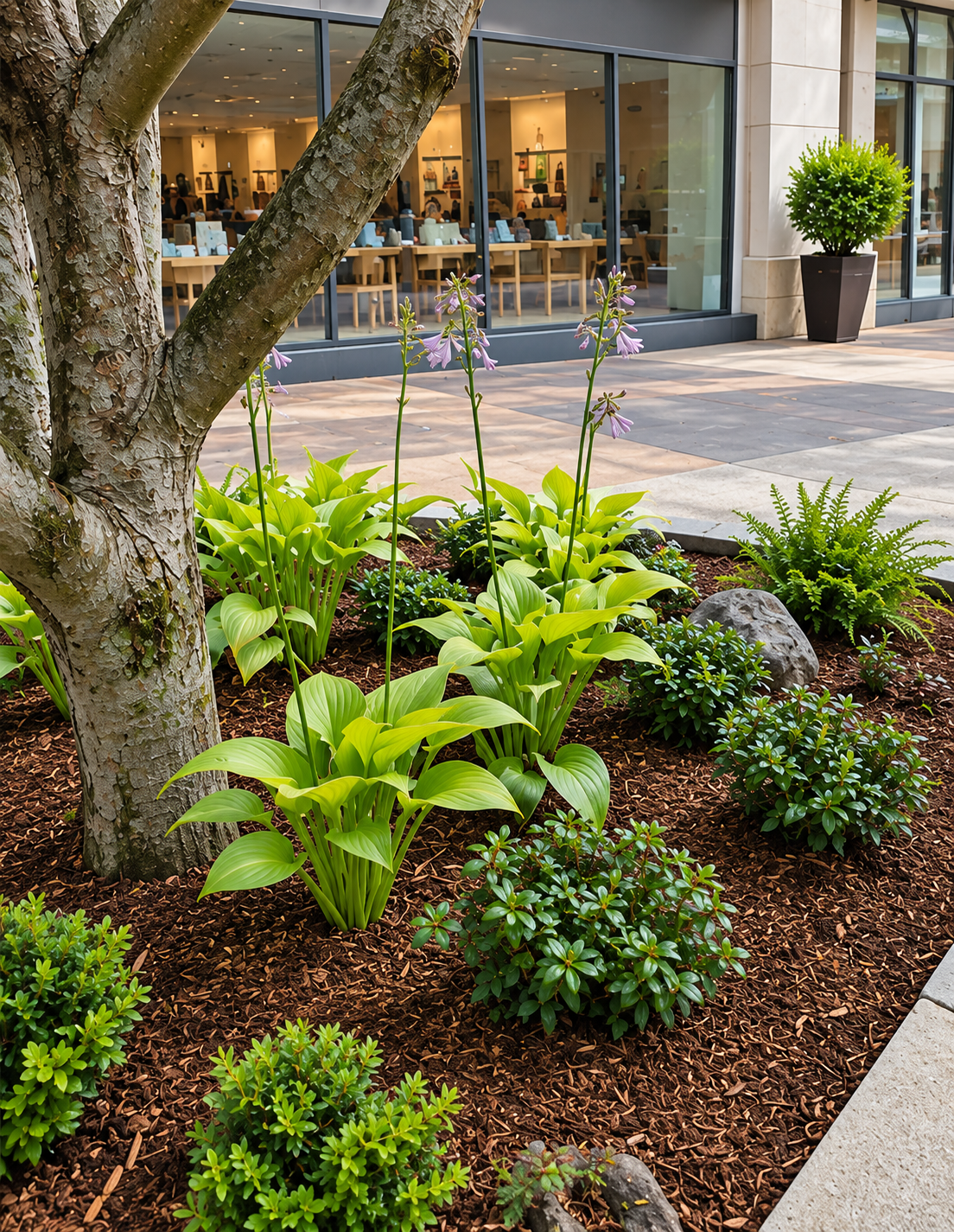 Lush planting bed at Alderwood Mall featuring hostas, ferns, flowering perennials, evergreen shrubs, and mature trees.
