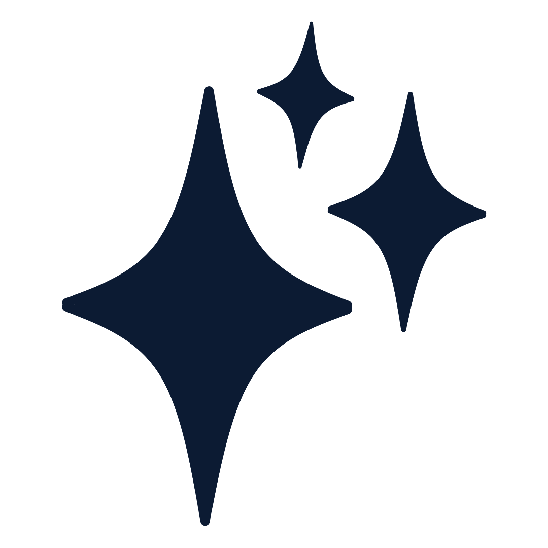 Three dark blue sparkling star shapes on a black background.
