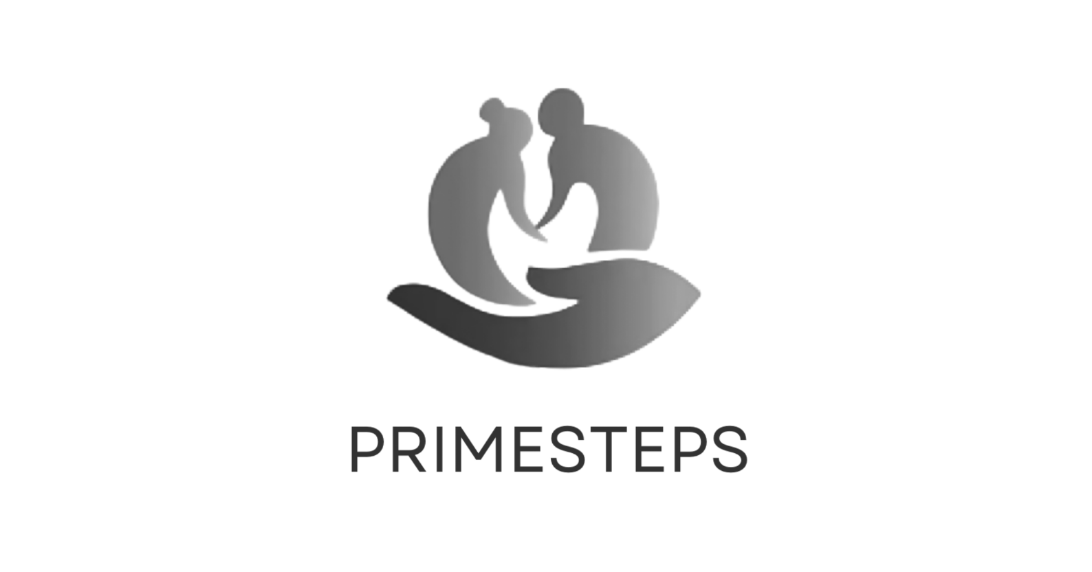 Logo with two abstract human figures in a circular shape, over a hand, with the word 'PRIMESTEPS' below.