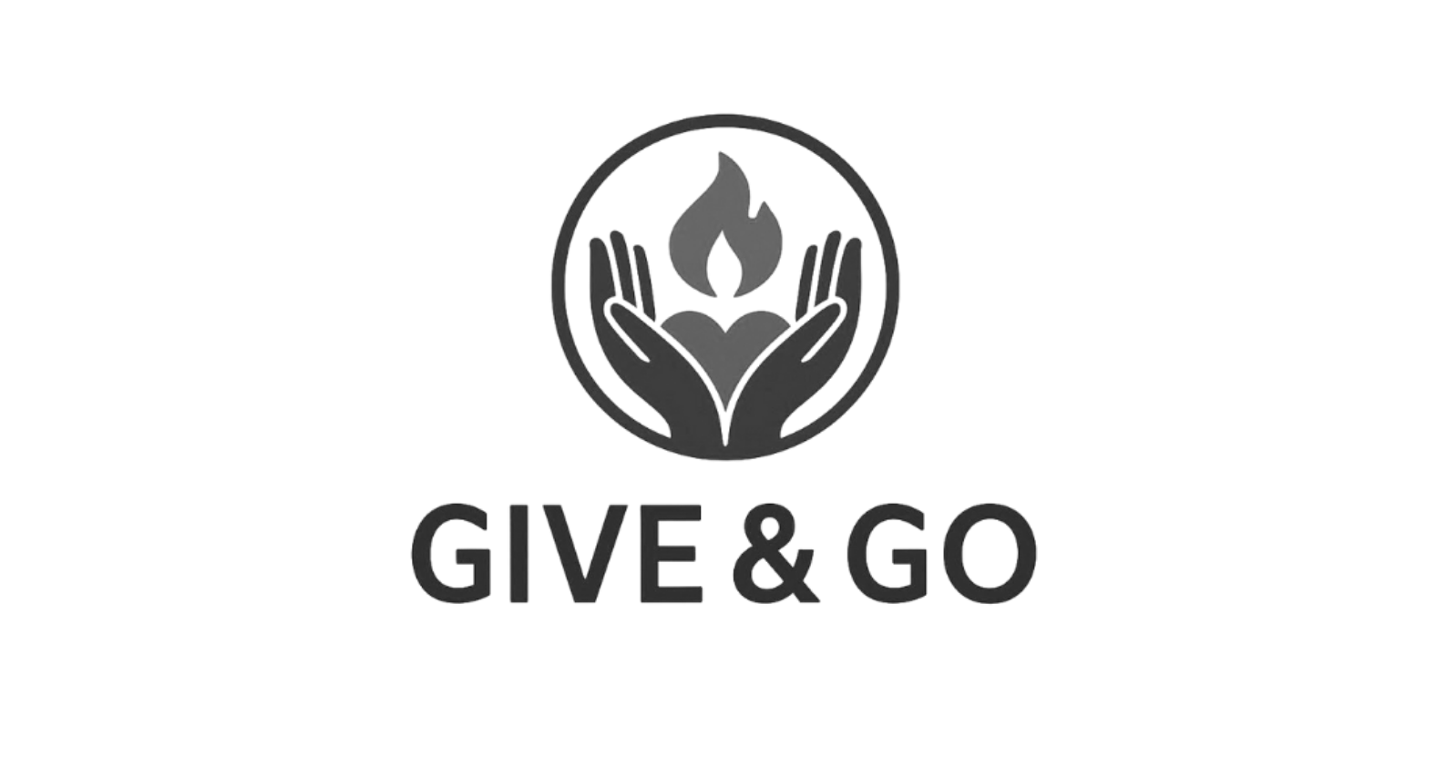Black and white logo with a circle enclosing two hands holding a heart with a flame above it, and the text "GIVE & GO" below.
