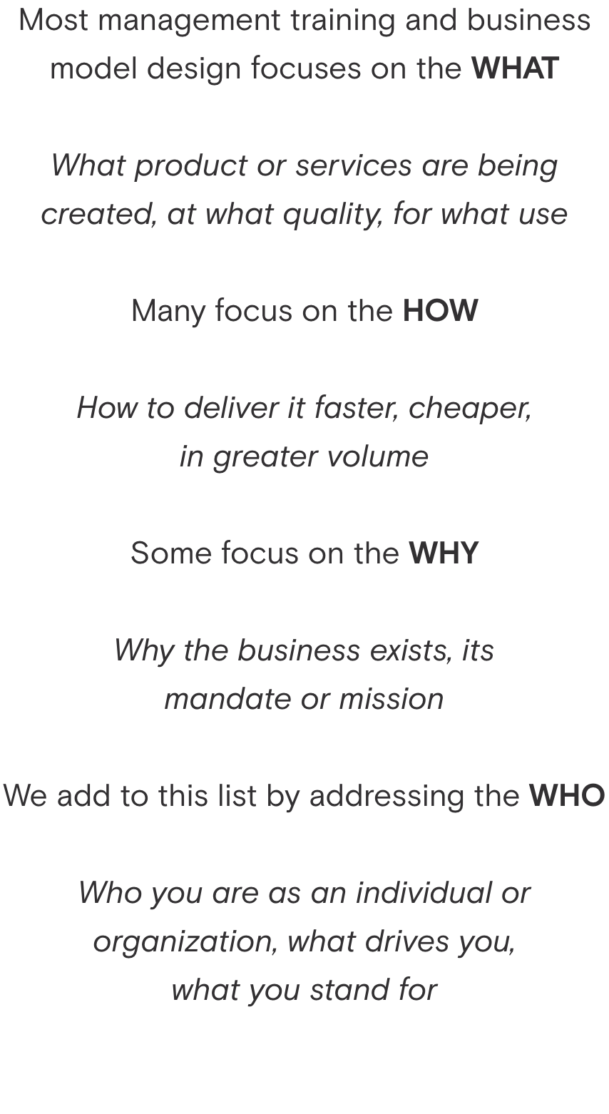 Text about management training, focusing on 'what', 'how', 'why', and 'who' in business.