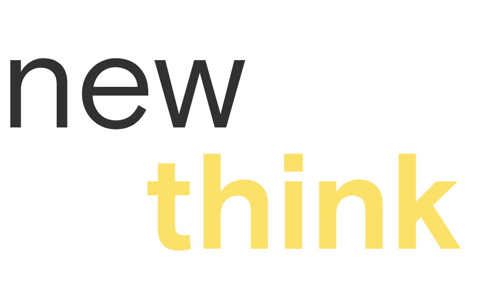 The words "new" in dark gray and "think" in light yellow, arranged in a dynamic, overlapping, and scattered manner on a black background.