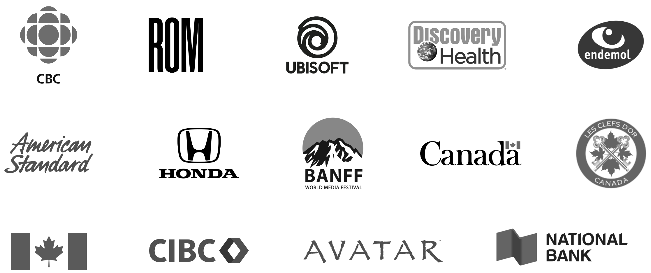 A grid of various black and white logos of different organizations and companies, including CBC, Ubisoft, Endemol, Canadian Tire, Honda, Banff World Media Festival, Canada, Les Clefs d'Or, and more.
