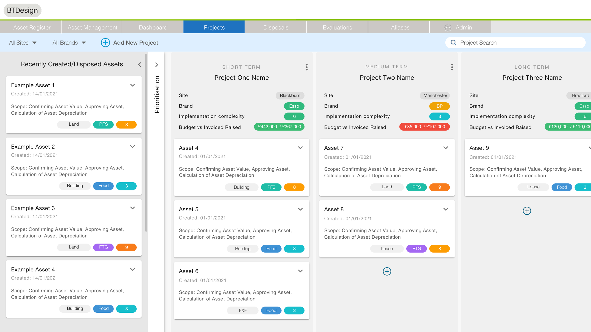 Project Dashboard: Overview of active projects with asset-level drilldowns