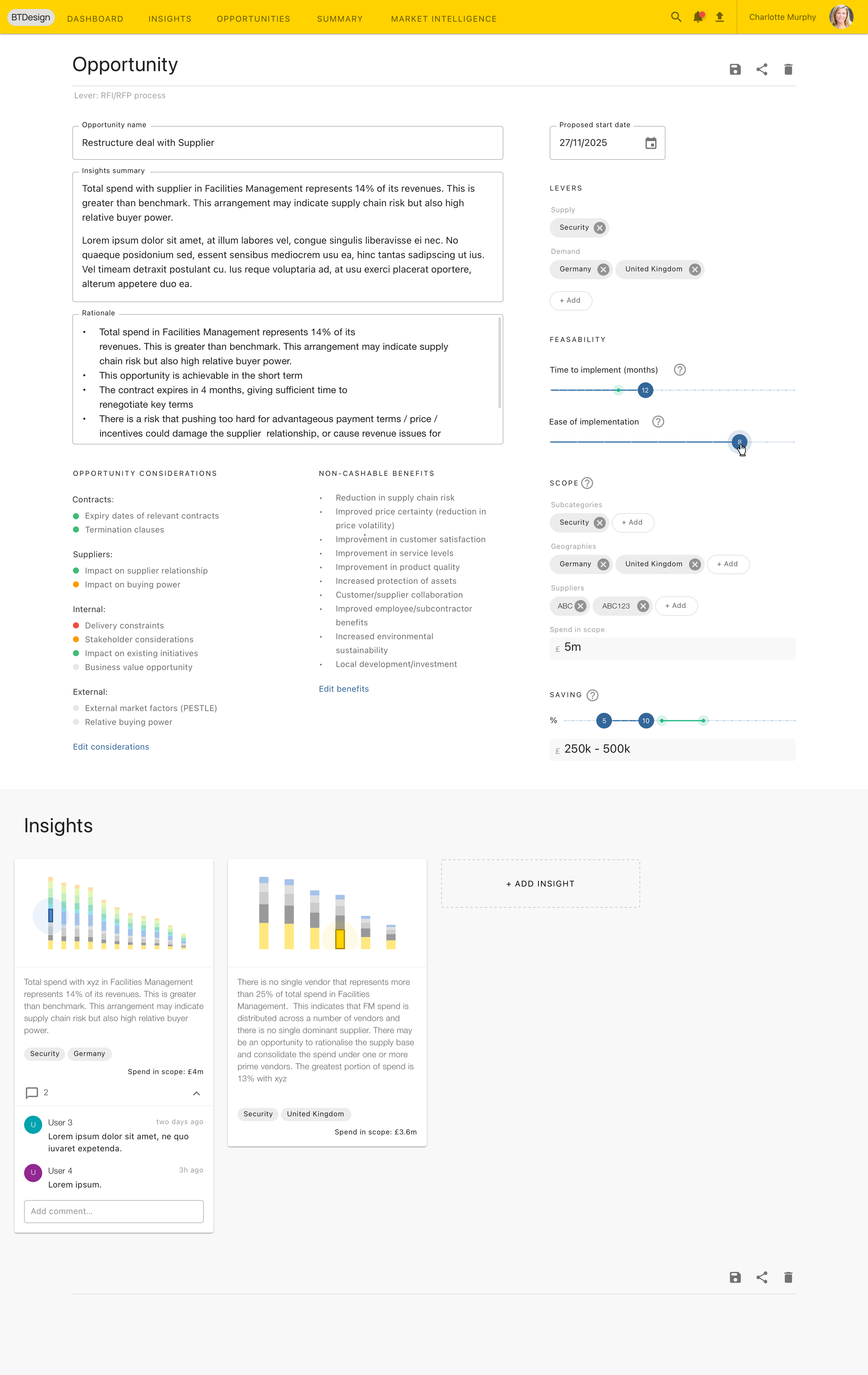Opportunity Creation: Structured form with AI-generated project insights and benefit breakdowns