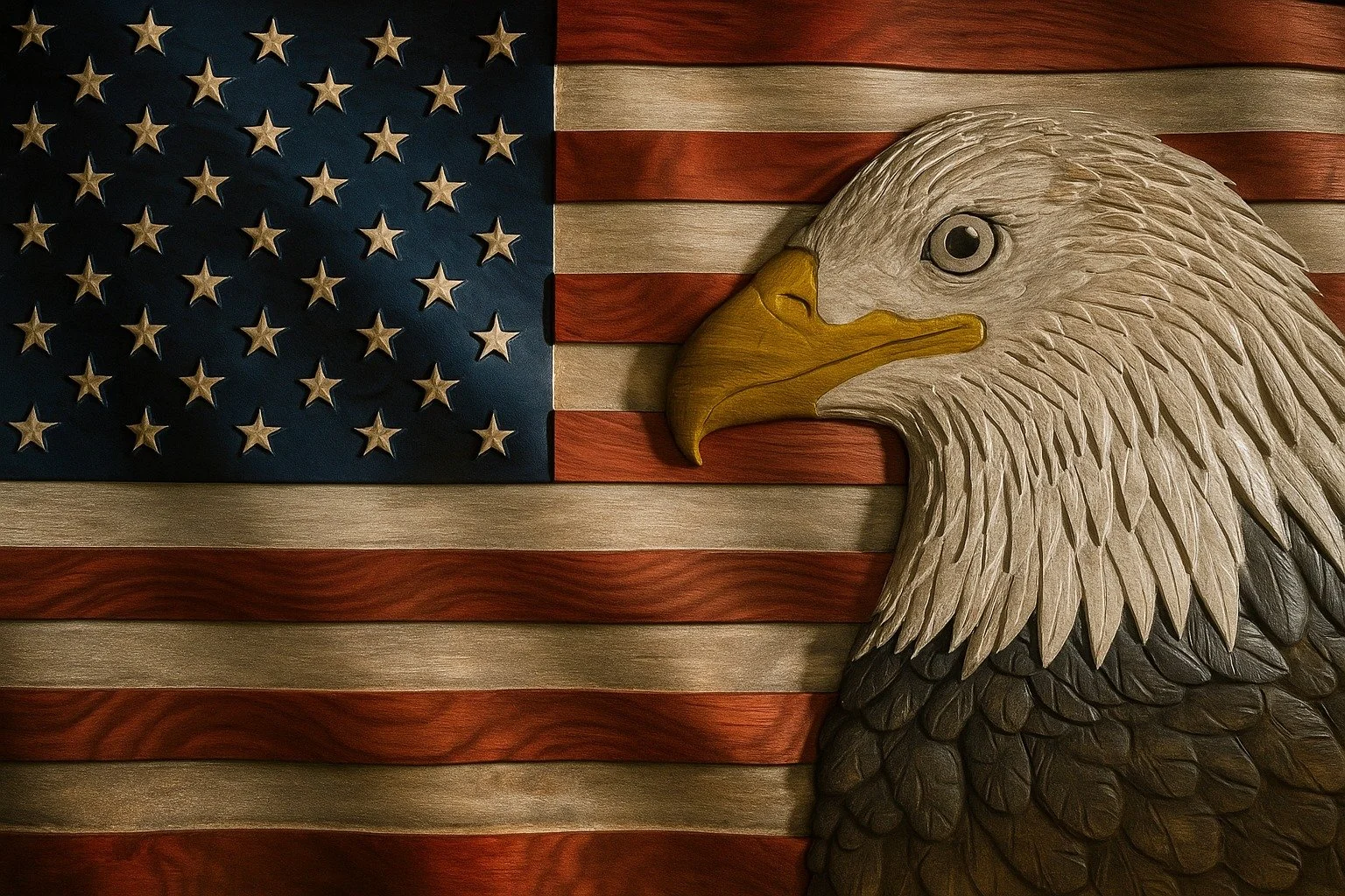 Handcrafted American pride 🇺🇸 🦅
This 3D American Flag features a bold bald eagle, meticulously carved from solid white oak and finished with Rubio Monocoat to highlight the natural grain and depth. Built to last and made to stand out &mdash; a tim