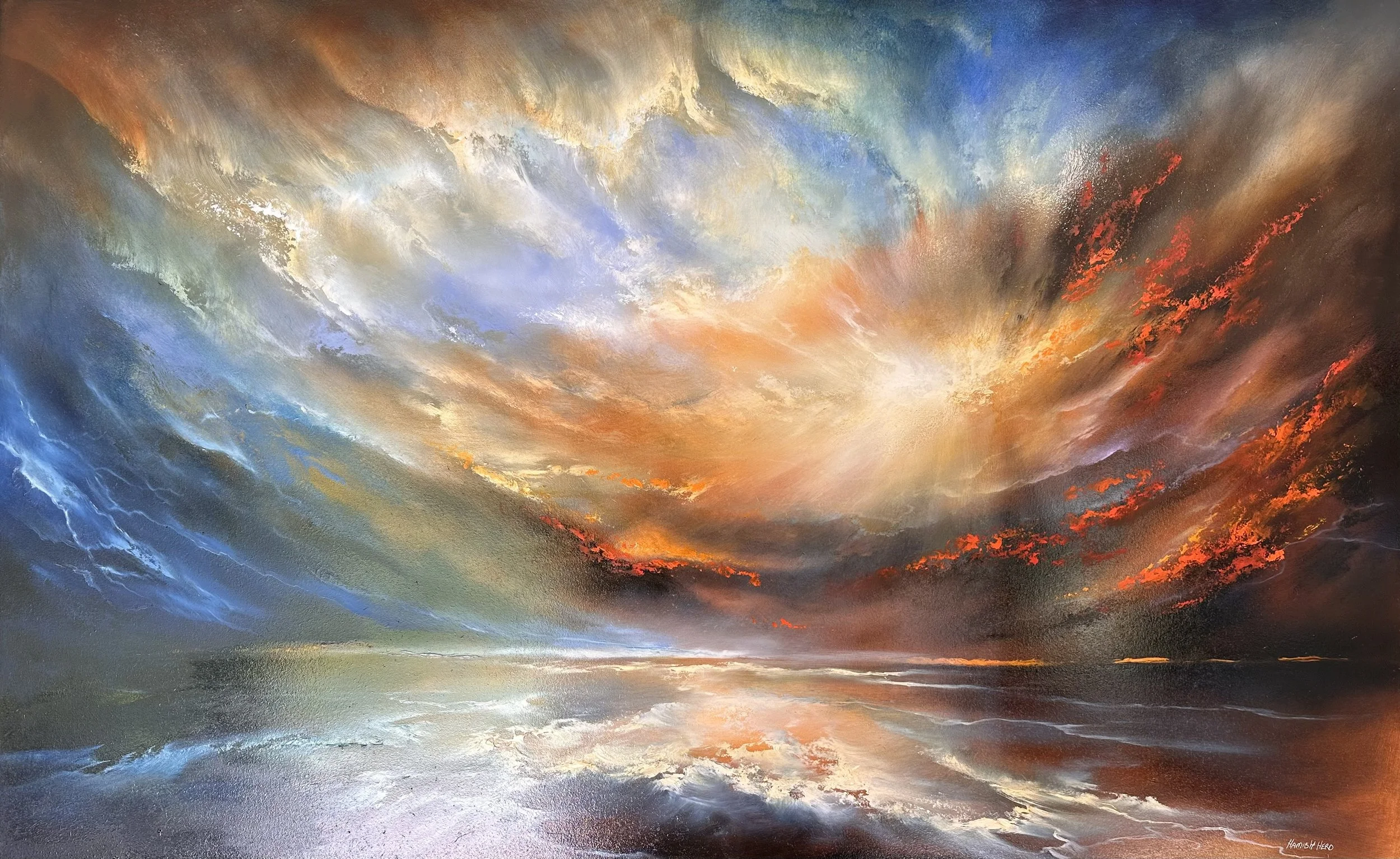 Abstract painting of a dramatic, colorful sky with swirling clouds and a reflection on water, featuring shades of blue, orange, yellow, and red.