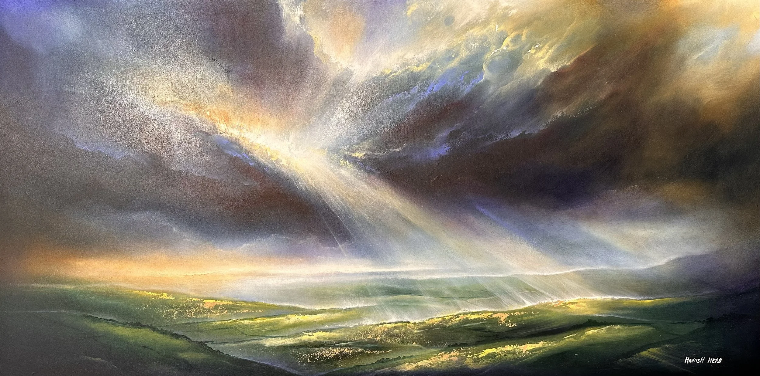 A vibrant painting of a landscape with rolling green hills and dramatic, colorful clouds in the sky. Sun rays break through dark clouds, illuminating parts of the landscape below.