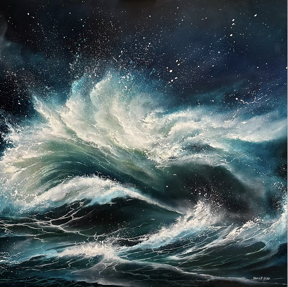 Painting of turbulent ocean waves with splashes and foam, set against a dark sky.