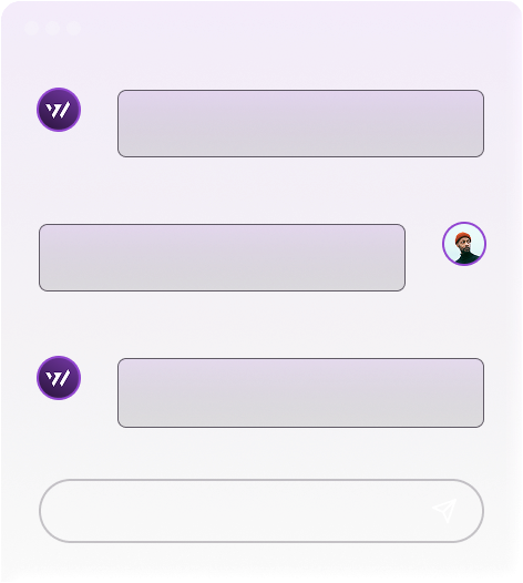 A chat interface with purple gradient background, showing three message bubbles and a text input box with a send button.