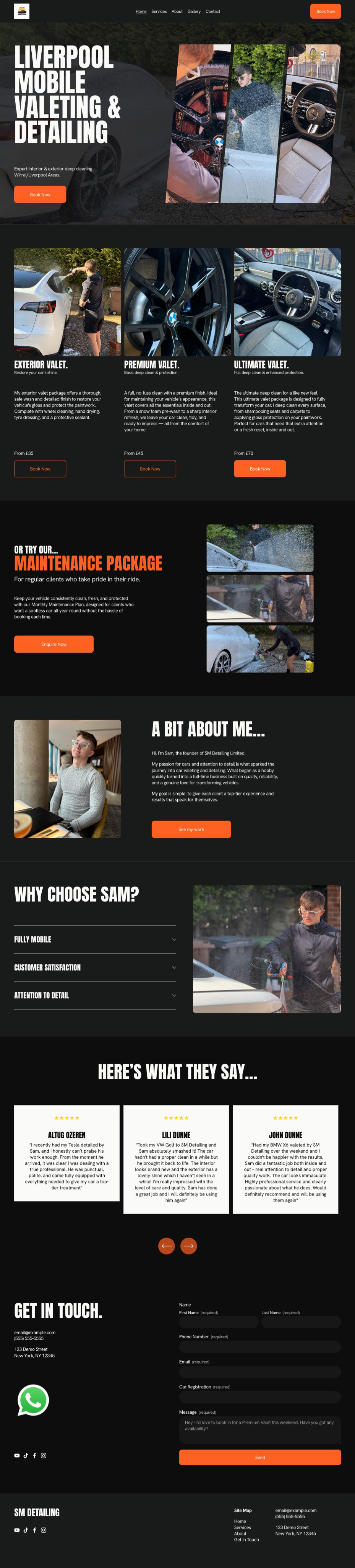 Webpage showcasing a car detailing service with images of car interiors and exteriors, pricing options, customer testimonials, and contact information.