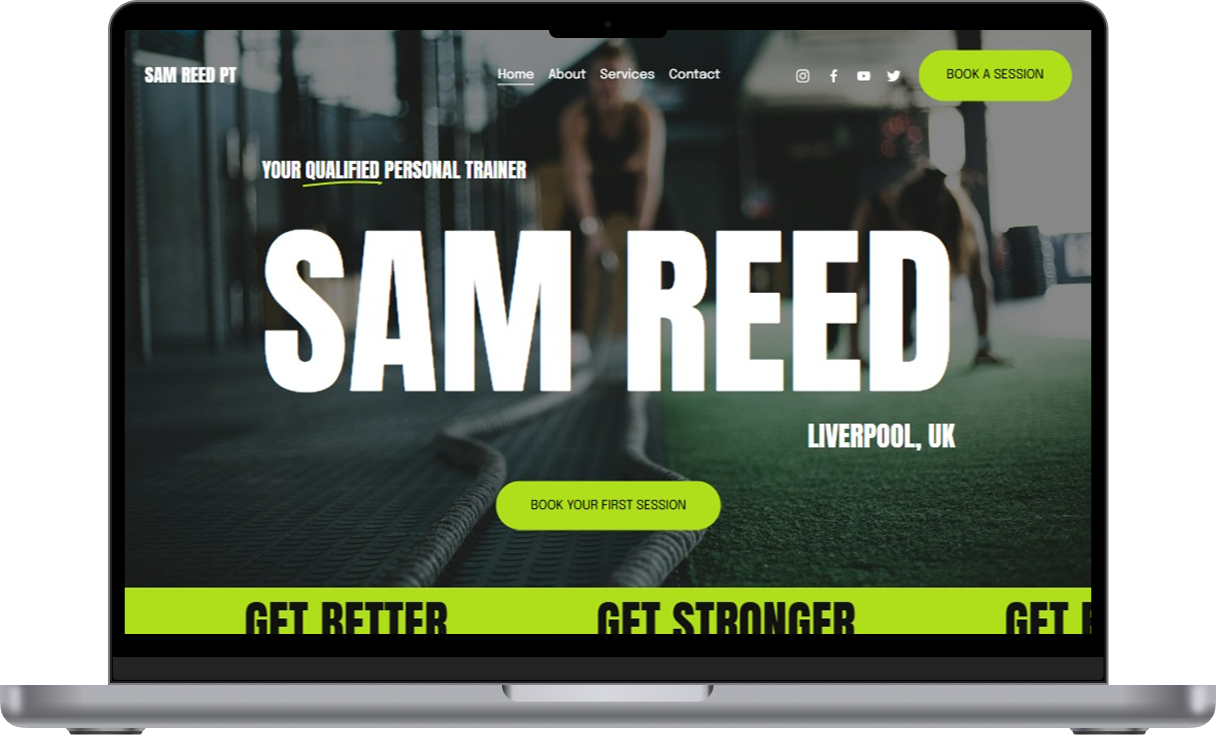 Homepage of Sam Reed PT personal trainer website, featuring a blurred gym background, bold text with trainer's name, location (Liverpool, UK), and call-to-action buttons for booking sessions in bright green.